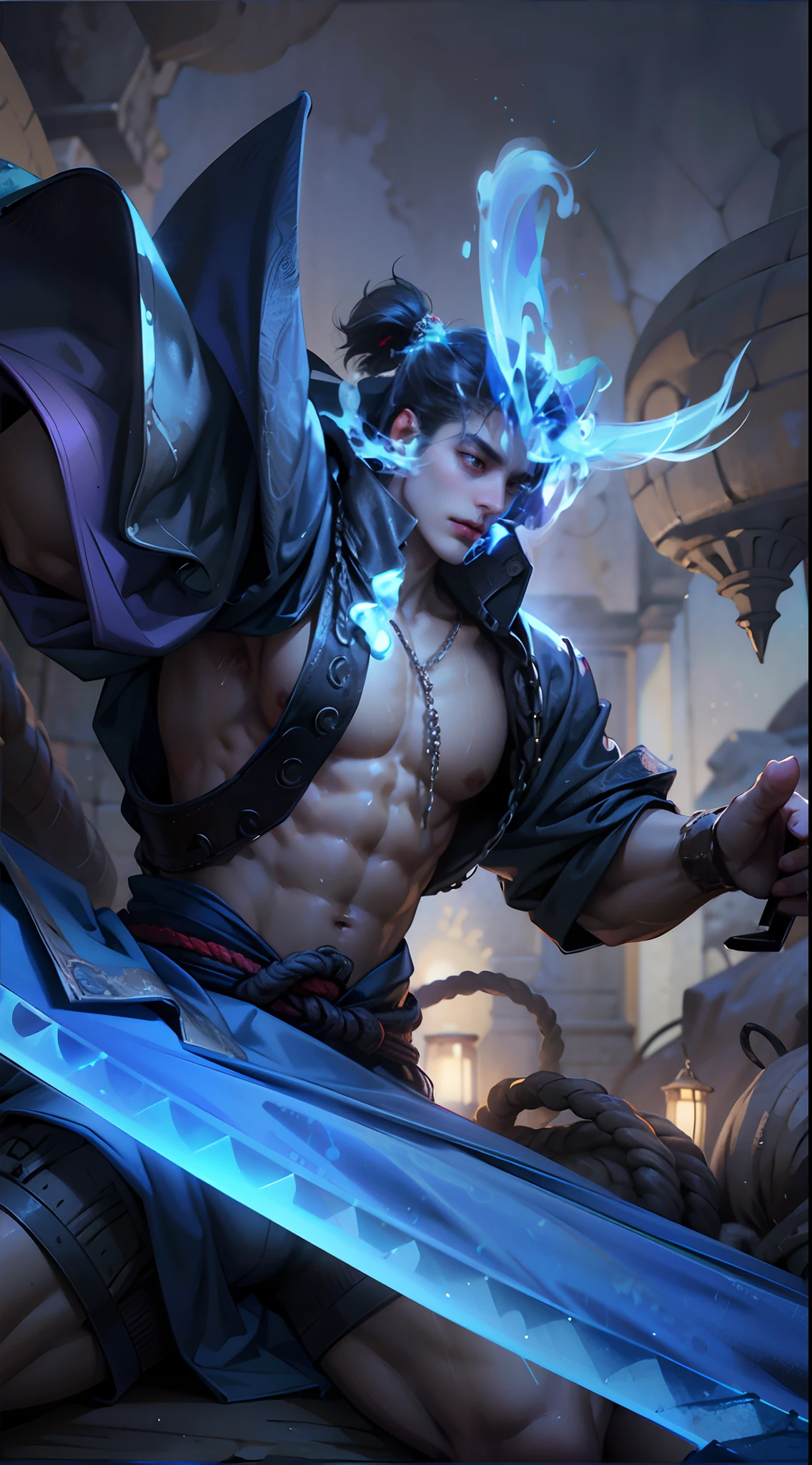 (ridiculous, A high resolution, Super detailed, hdr), Masterpiece, Best quality, Portrait of a man, handsome man with red eyes, Detailed face, Professional photo , The Arafards go shirtless into battle, legs spread wide,Lying comfortably, (puffy (From below:1.1)), Focus on your audience, 25-30 year old man, Man handsome, [ clear body ]，Abs, chest muscles, big bulge, cave, horseback riding, Wrapping rope around the upper body, slime, raised sexy, samurai, wearing a kimono, holding a sword.