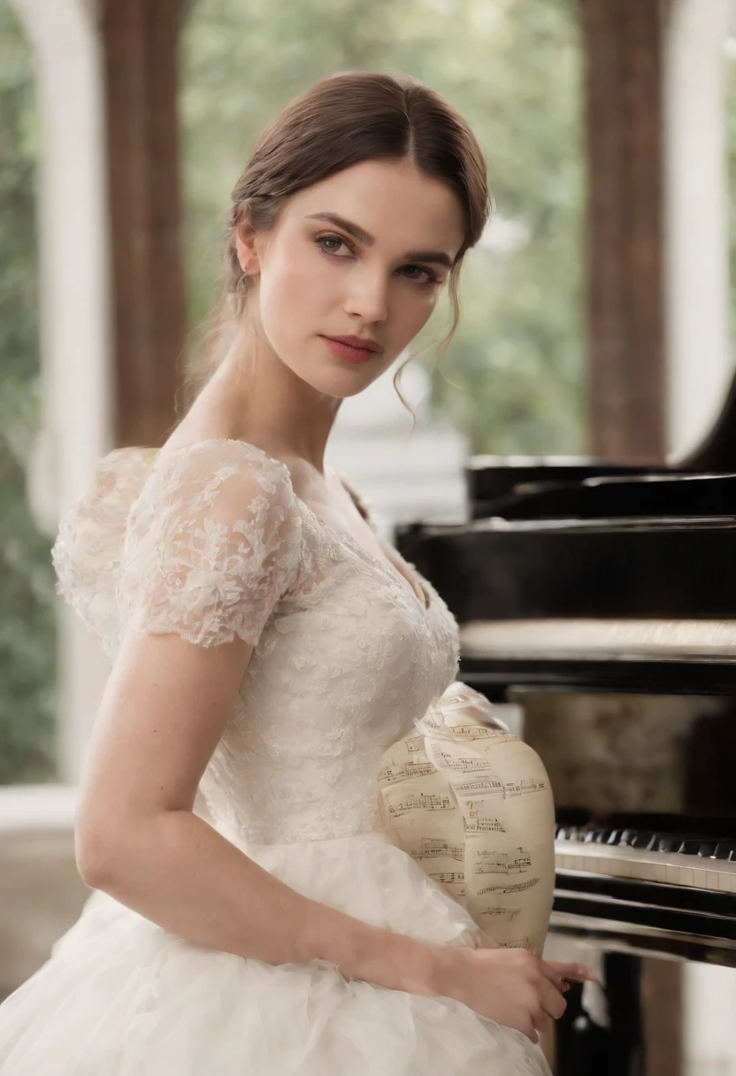 uma mulher madura negra usando um vestido feito de piano,vestido de piano de cauda,vestido de piano vintage,cordas de piano como detalhes do vestido,teclas de piano elaboradas como a textura,Roupa em preto e branco