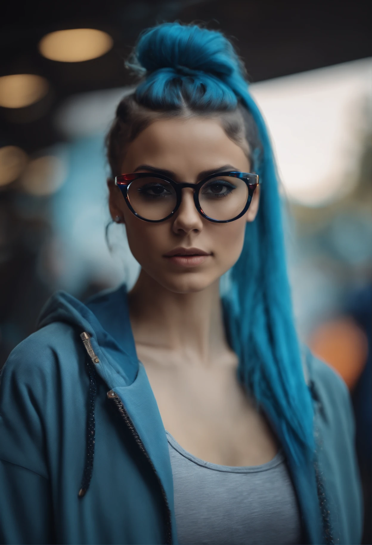 Beautifull girl wearing crop top jacket, wearing glasses, colorfull, sporty, blue ponytail hairstyle, dynamic pose, detailed, hd