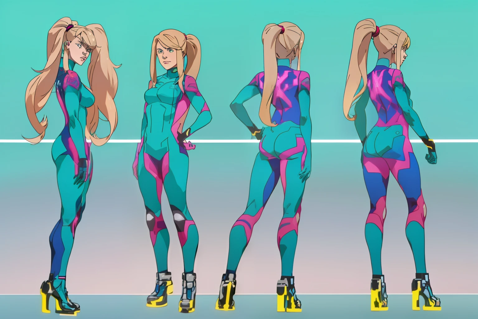 ponytail, hair tie, blue gloves, blue bodysuit, high heels,samus aran,invincible, anime screencap, upper body