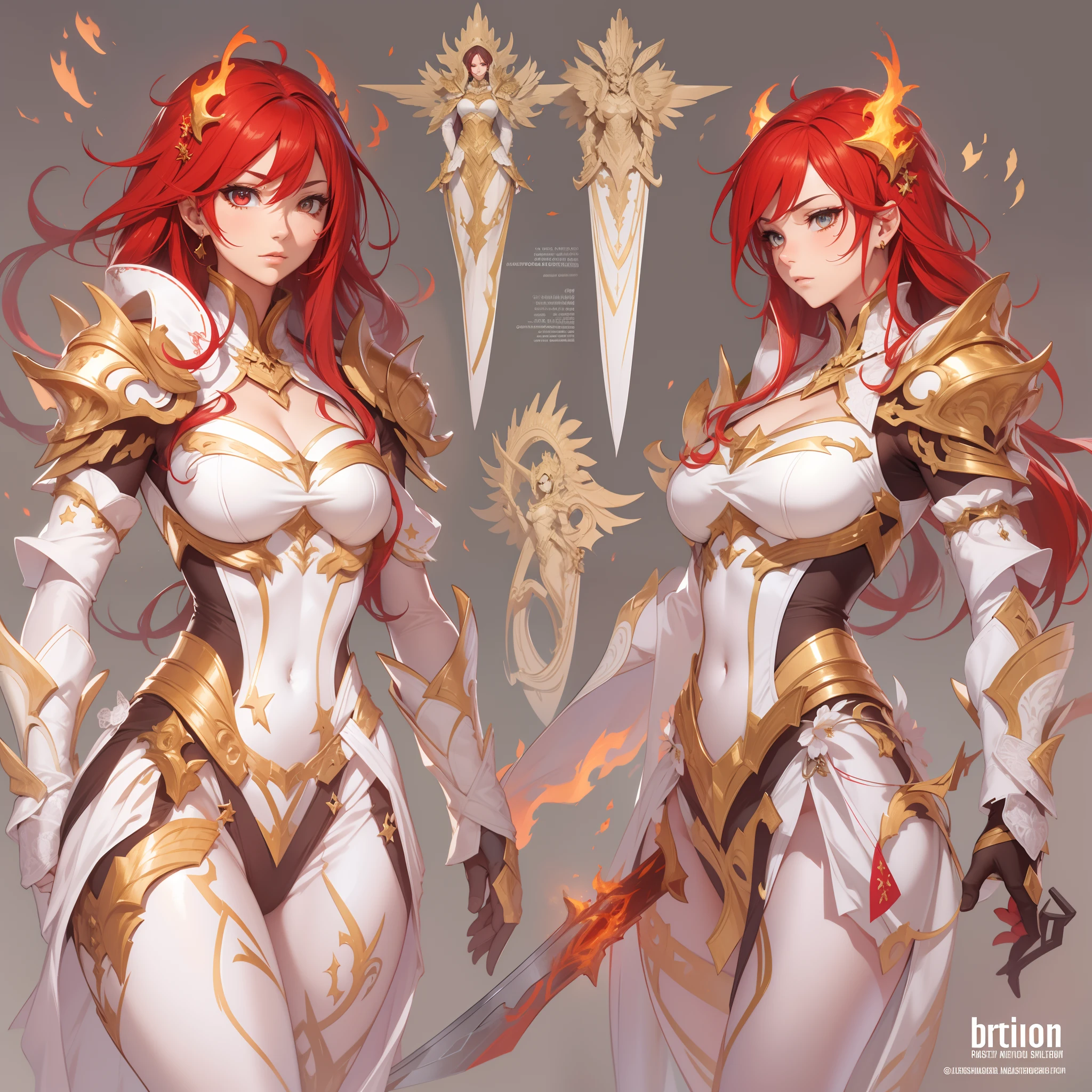 Masterpiece, Highest quality, Detailed face, CharacterDesignSheet，perfectly proportions，full bodyesbian，Full of details, Multiple poses and expressions, Highly detailed, Beautiful paladin girl，red tinted hair，Dragon's horn，ablaze with intensity，Carry a two-handed sword，Pure white armor，Bride，Surrounded by flames，Star decoration，Lace，lacepantyhose, High Balance,Natural light