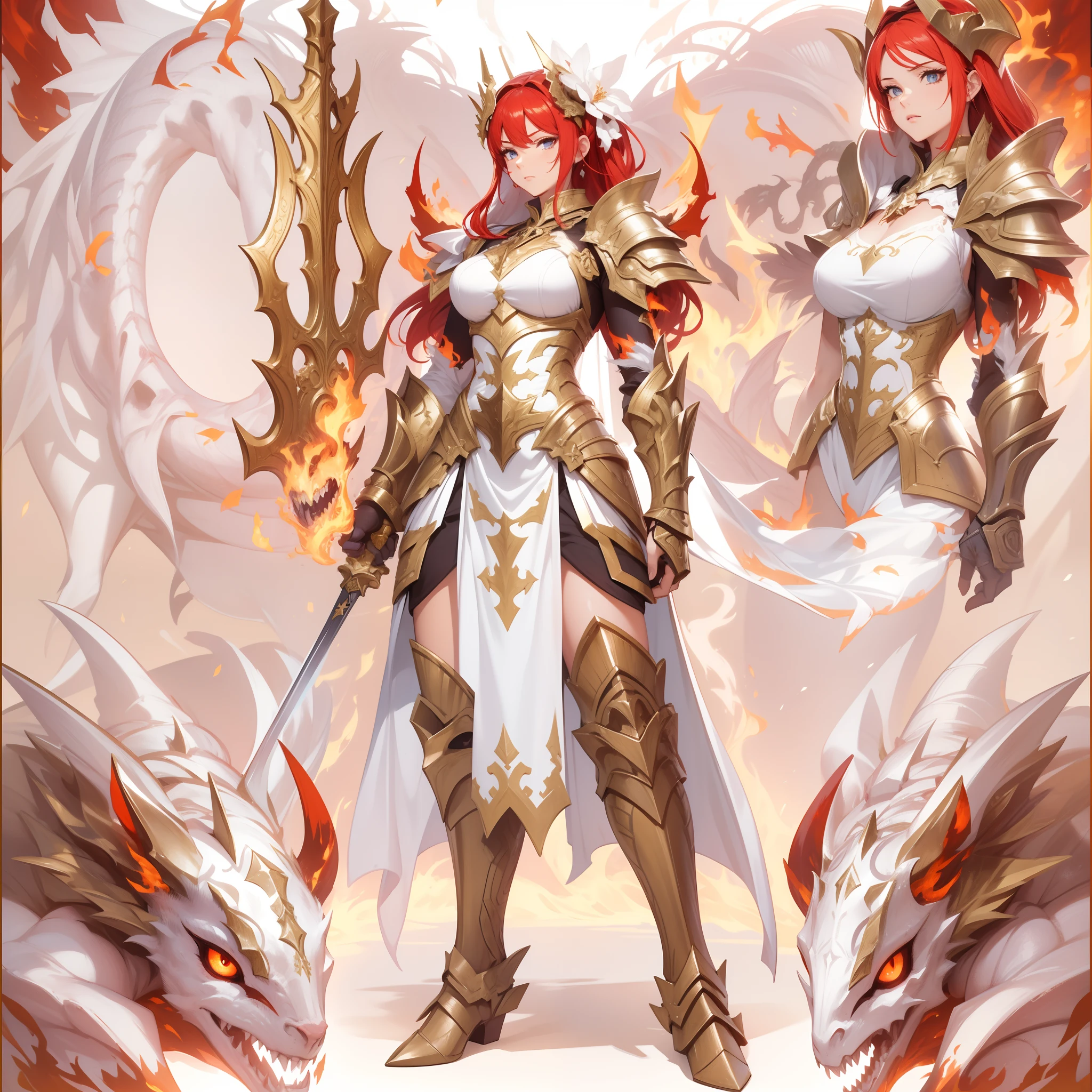 Masterpiece, Highest quality, Detailed face, CharacterDesignSheet,perfectly proportions,full bodyesbian,Full of details, Multiple poses and expressions, Highly detailed, Beautiful paladin girl,red tinted hair,Dragon's horn,ablaze with intensity,Carry a two-handed sword,Pure white armor,Bride,Surrounded by flames,Star decoration,Lace,lacepantyhose, High Balance,Natural light