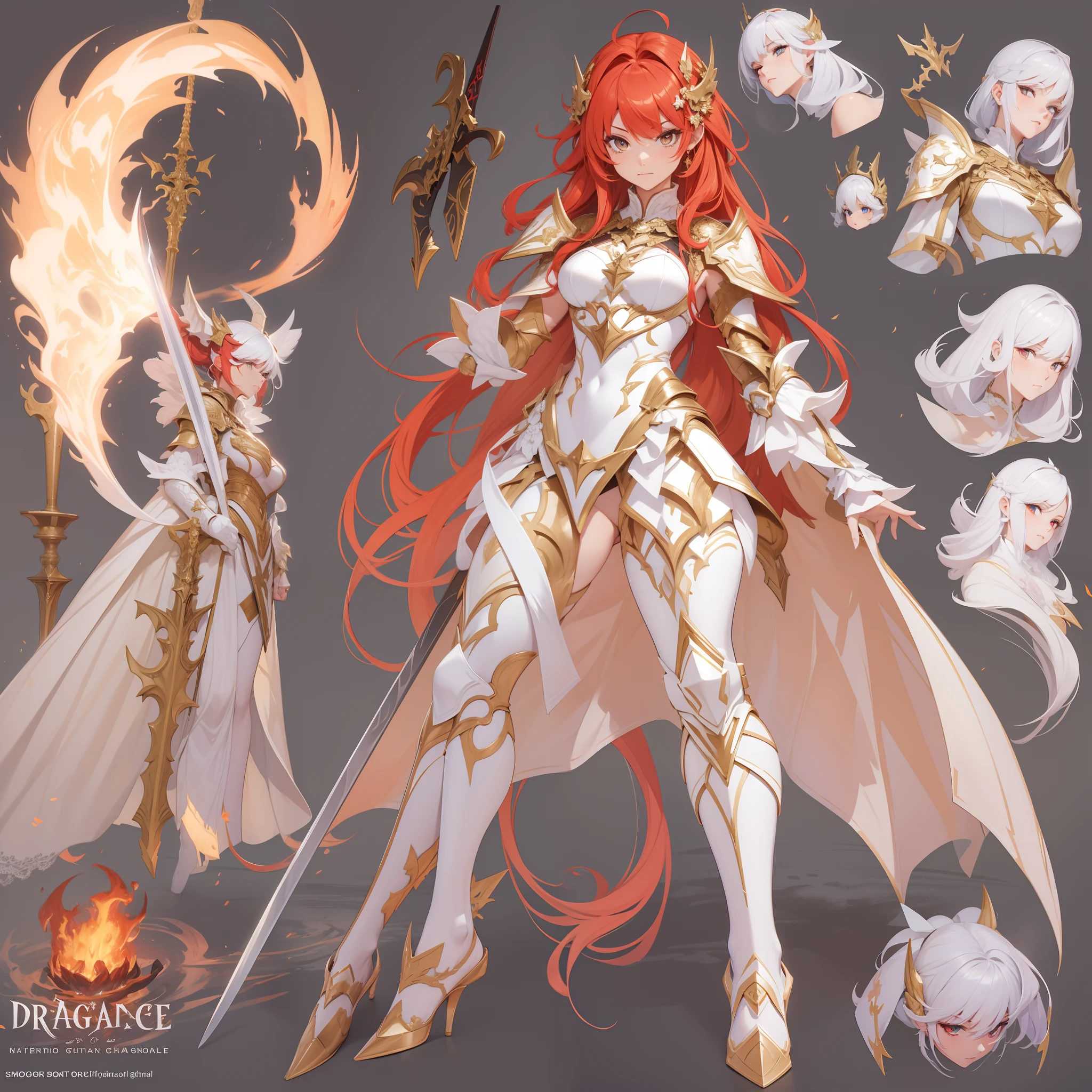 Masterpiece, Highest quality, Detailed face, CharacterDesignSheet，perfectly proportions，full bodyesbian，Full of details, Multiple poses and expressions, Highly detailed, Beautiful paladin girl，red tinted hair，Dragon's horn，ablaze with intensity，Carry a two-handed greatsword，Pure white armor，Bride，Surrounded by flames，Star decoration，Lace，lacepantyhose, High Balance,Natural light