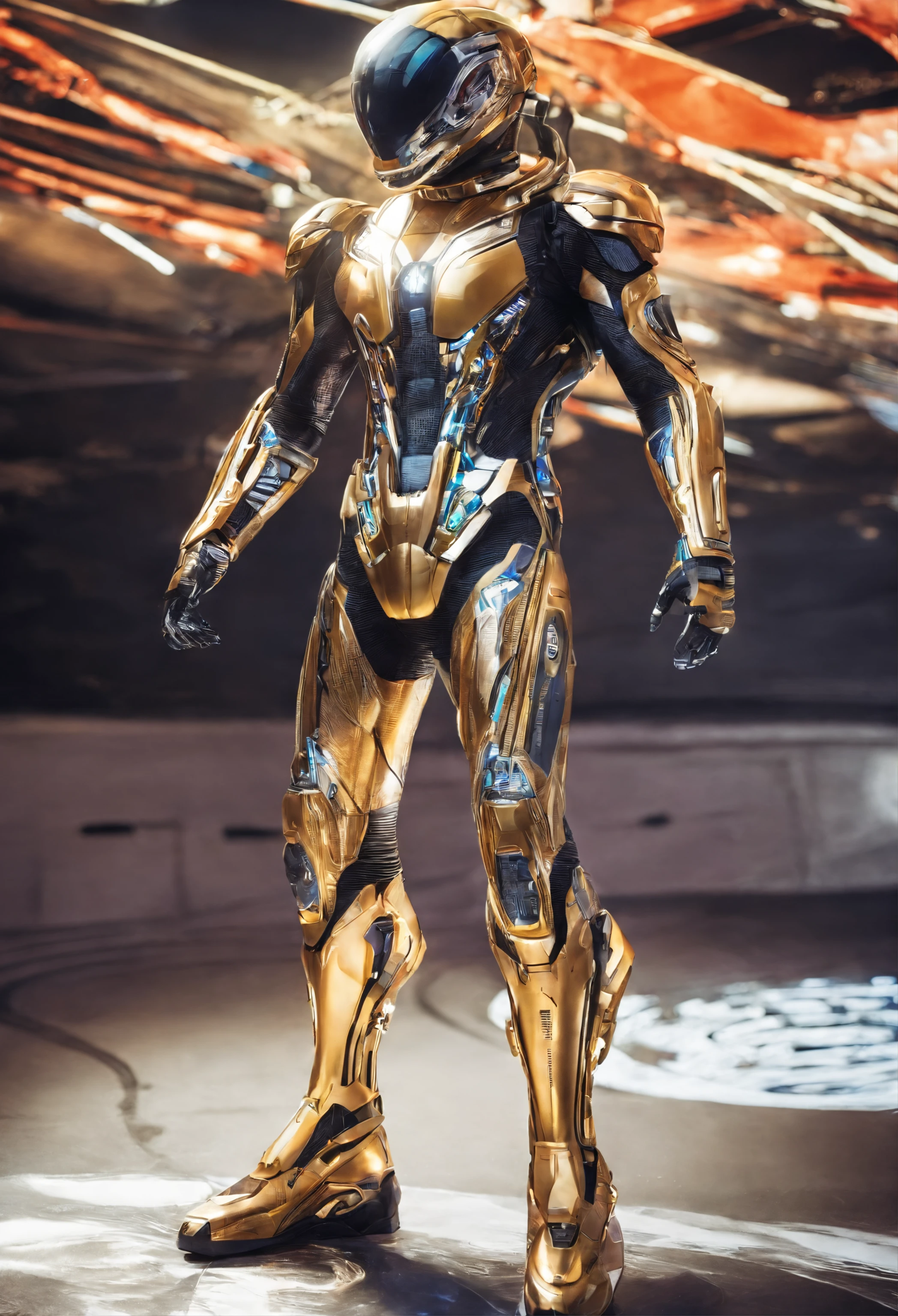 A gorgeous astronaut spider-man outfit glued to the body made an exoskeleton style symbiote futuristic gold fire suit futuristic and cybenetic helmet with ultra realistic neon visor