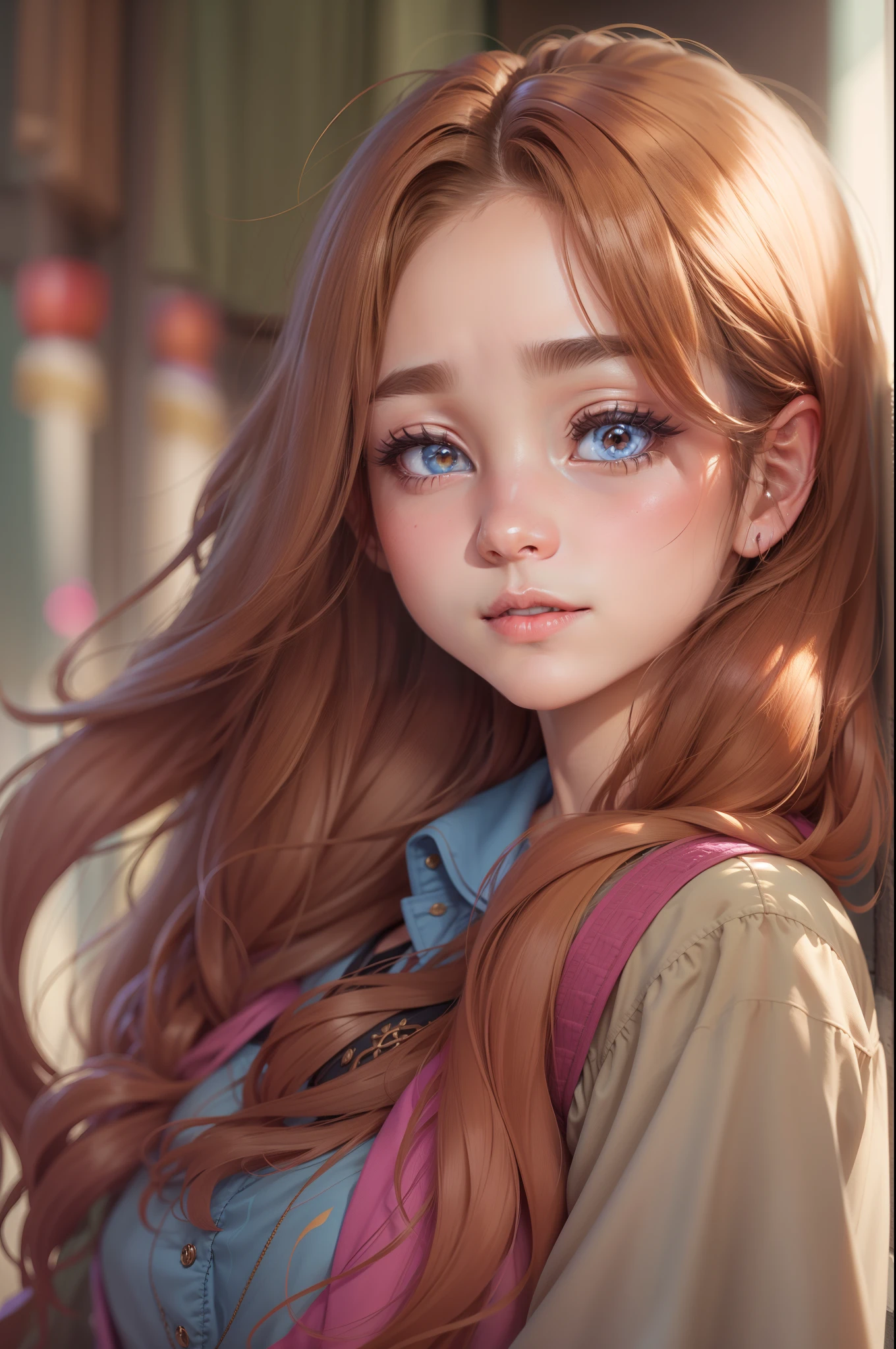 a girl with long brown hair in a blue shirt, in the style of detailed facial features, goblin academia, candid celebrity shots, light magenta and amber, light brown and white, chance, rtx on, *Alhambra*