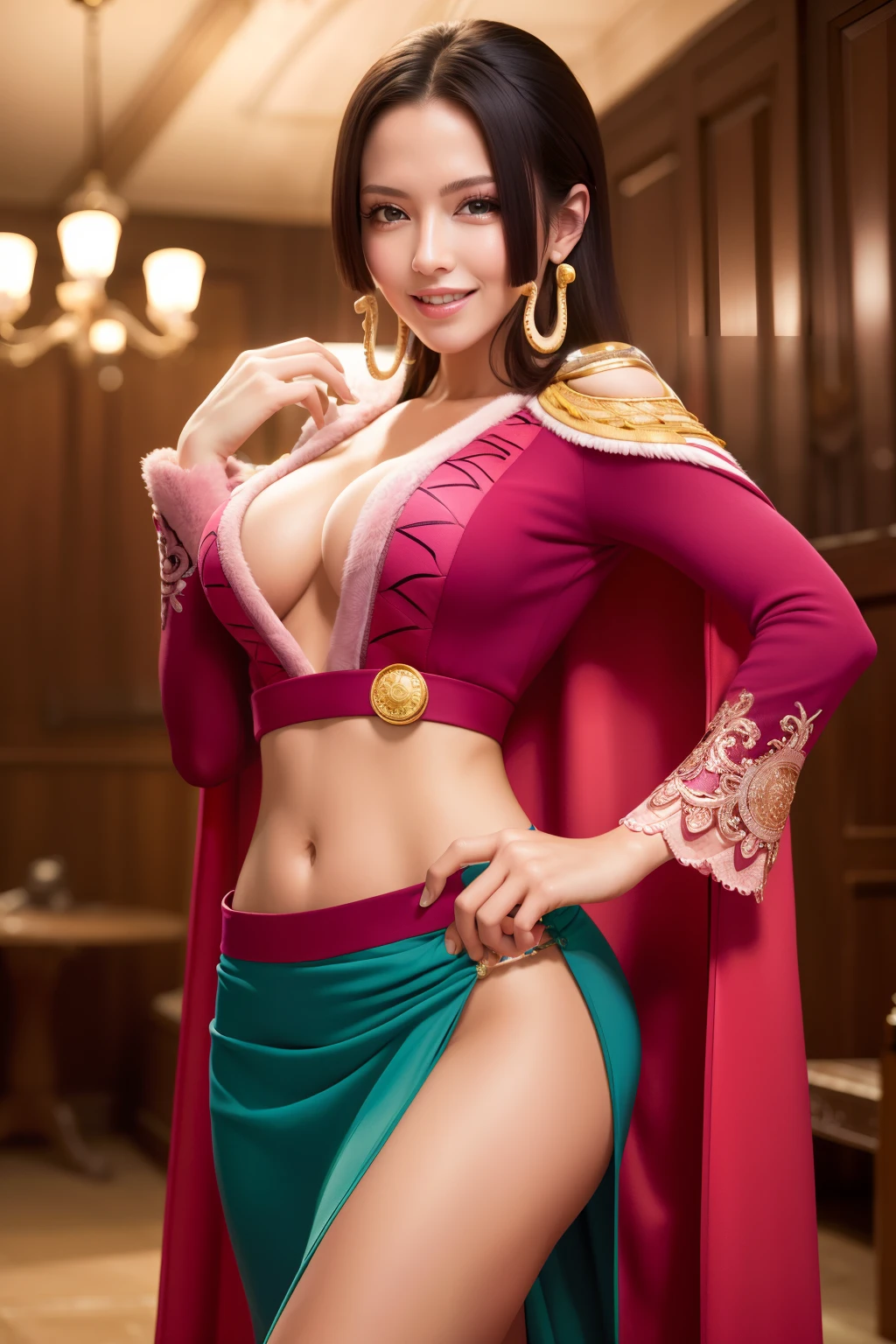 (masterpiece, best quality:1.2), cowboy shot, solo, 1girl, boa hancock, smile, looking at viewer, hand on hip, cape, epaulettes, cleavage, jewelry, earrings, midriff