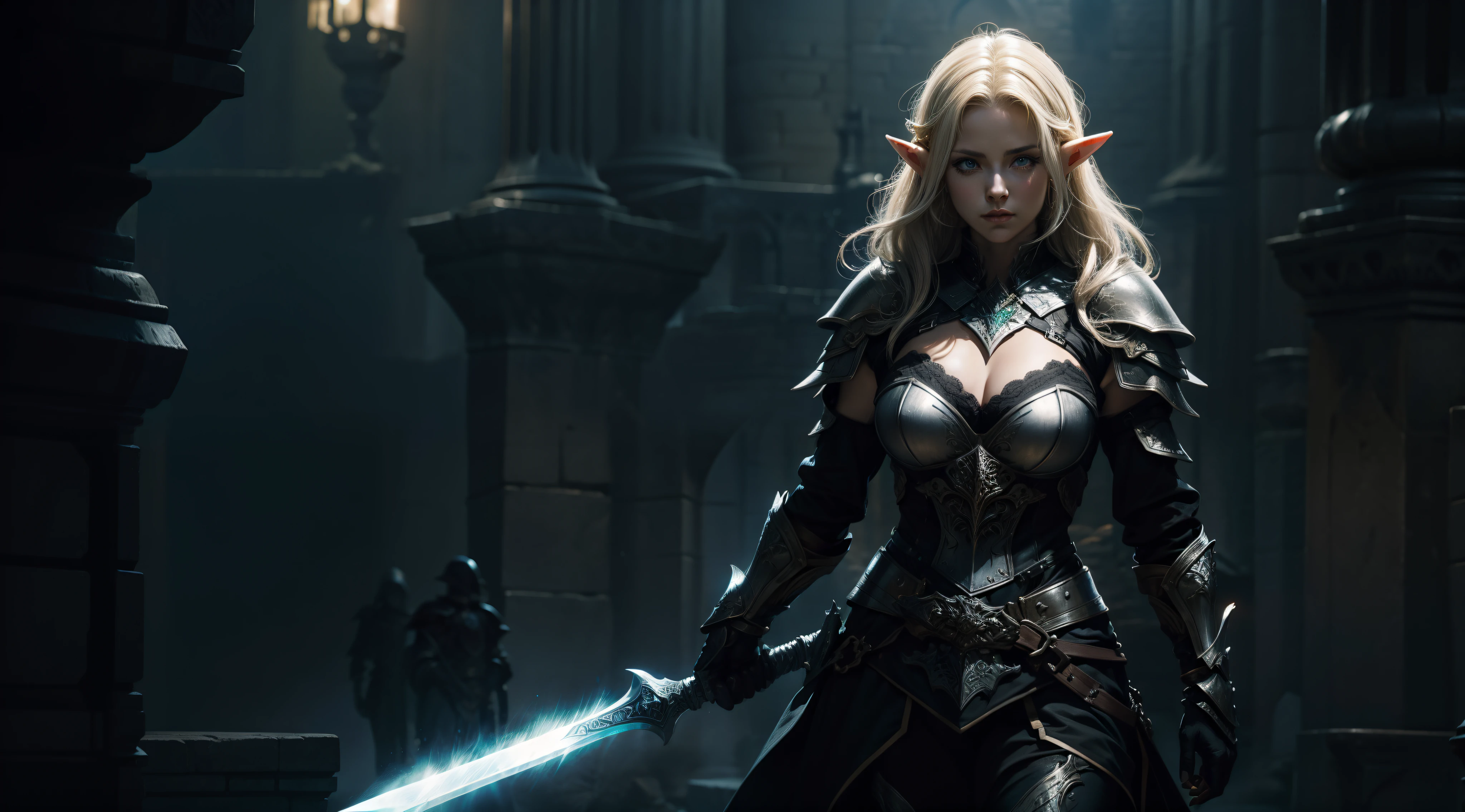 Female elf,Large breasts,Black armor,Glowing sword,dramatics,The background is the castle
