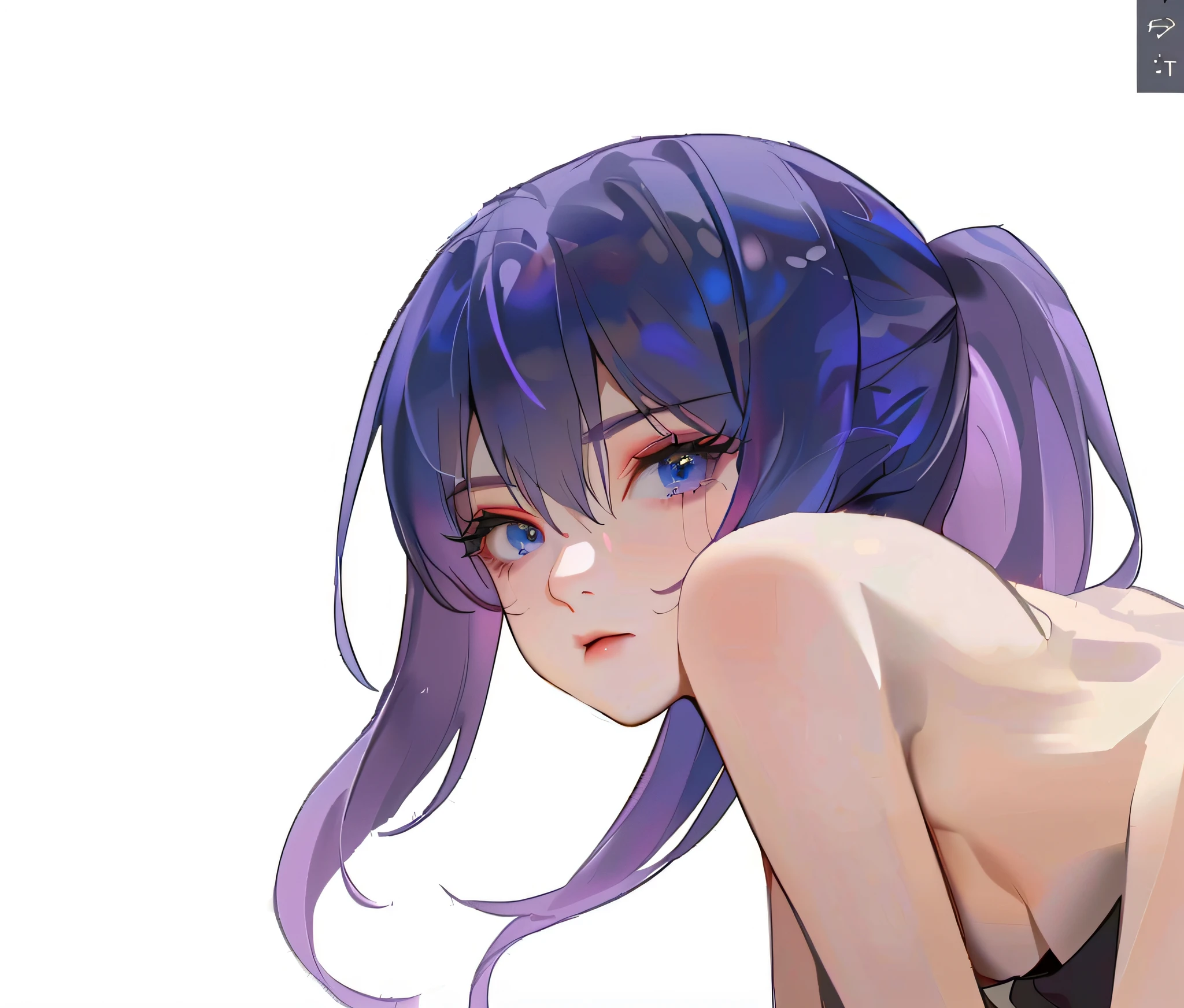 Anime girl with purple hair and blue eyes lying on her stomach, Enhance the sense of volume of the facial features,Solid,3D quadratic,photorealestic,