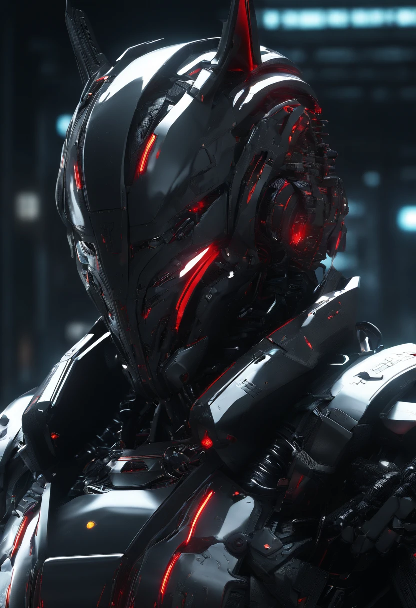 Dark_Fantasy, Cyberpunk, Catwoman Mechanical marvel, Robotic presence, Cybernetic guardian, samurai mechanical armour, katana on the waist, absolutely stunning art,wearing a black cloak, highest quality art, highest resolution, hyper detailed,black and red, futuristic, samurai robot, atmospheric,8k,64k, HD, unparalleled masterpiece, dynamic lighting, cinematic, epic