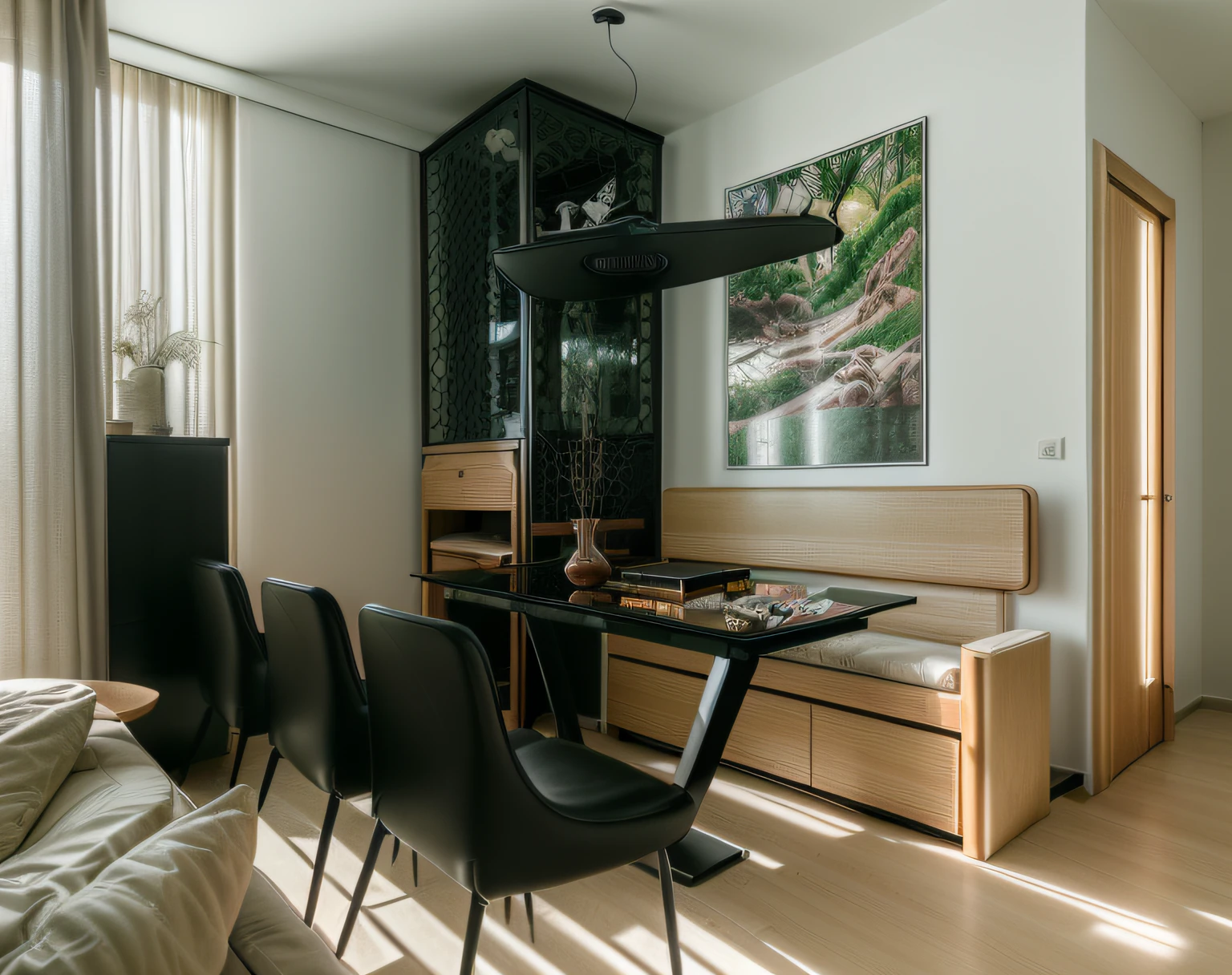 RAW photo, Masterpiece, high quality, best quality, authentic, super detailed, glossy indochina black furniture), minimalist architecture, minimalist bedroom, couch, table, carpet, shelf tv, 1 solid wood door:1.4,((laminated plaster,))), day light)), natural light fromt glass door, archdaily architecture, (high detail: 1.2), 8k uhd, dslr, soft light, high quality, film grain, Fujifilm XT3