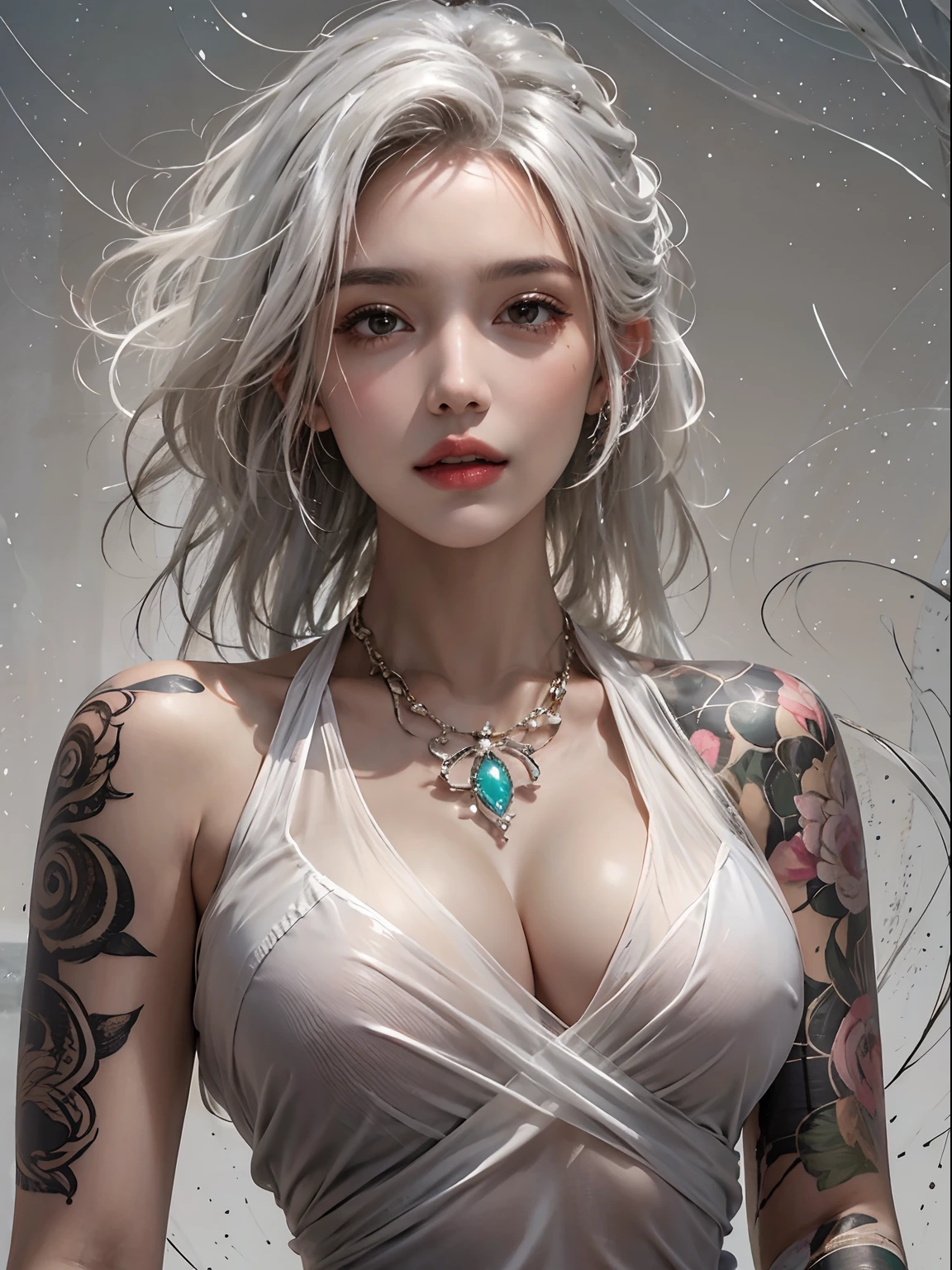Photorealistic, High resolution, Soft light,1womanl, Solo, hips up high, glistning skin, (Detailed face),The tattoo, Jewelry, micro dress, street wear, Night, White wavy hair, Beautiful Soldier, An eye that invites the viewer, Lover's perspective, inviting expression, Sexy smile, Perfect Style, Perfect balance, Detailed skin, Naughty gaze, Chest visible Sheer teats