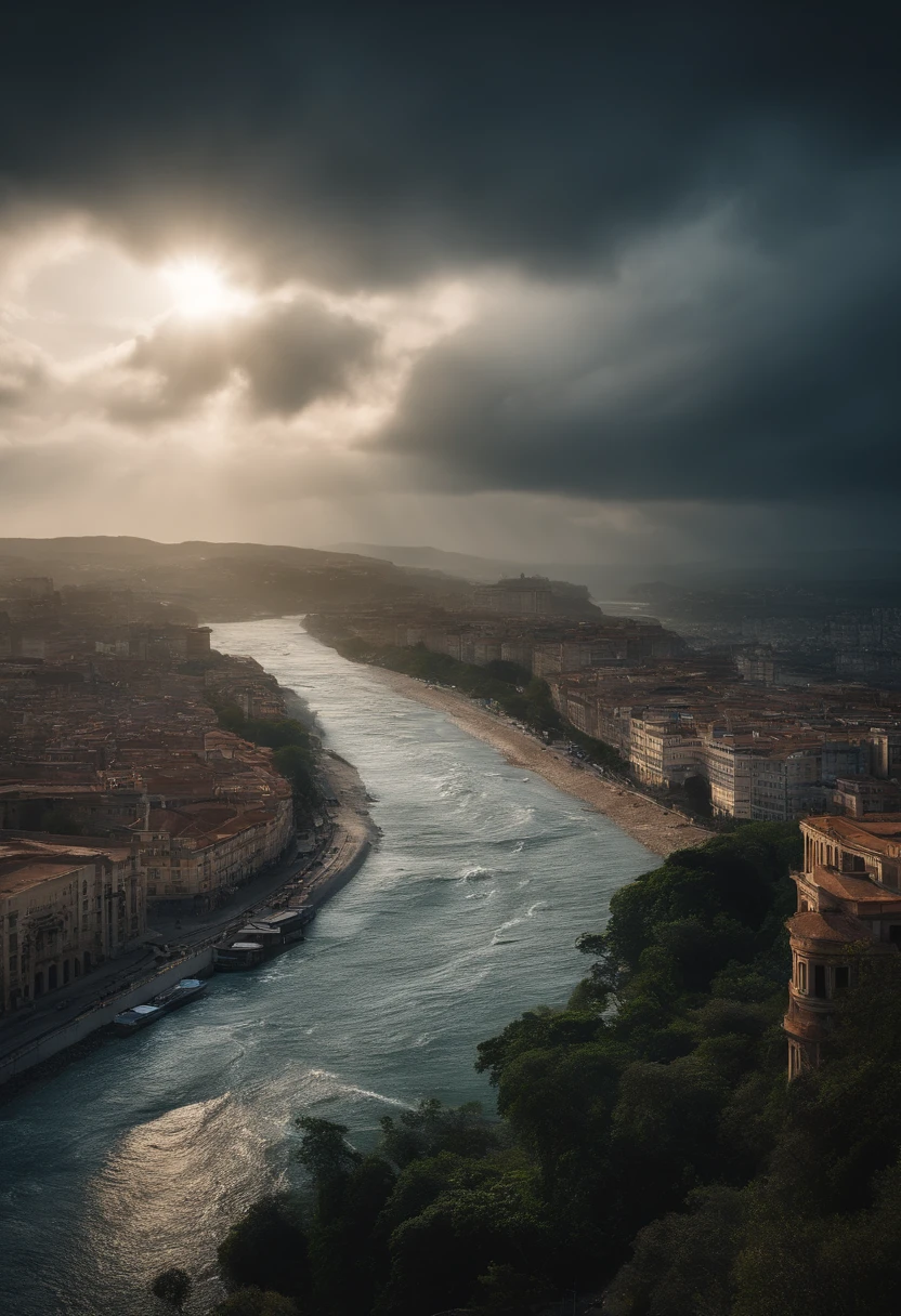 Araded landscape of the city with rivers and waves crashing, author：Luis Molinari, author：Giorgio Cavallon, author：Dan Christensen, apocalyptic tumultuous sea, author：Matt Stewart, author：Eric Pevernagy, violent stormy waters, author：Fabian Charrouo, in a tropical and dystopic city, author：Alexander Robertson, by Daniel Seghers