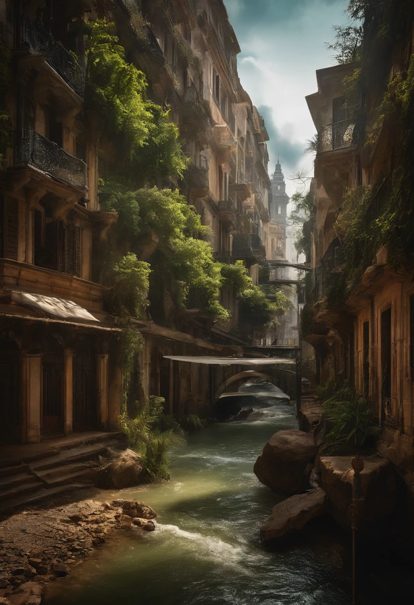 Araded landscape of the city with rivers and waves crashing, author:Luis Molinari, author:Giorgio Cavallon, author:Dan Christensen, apocalyptic tumultuous sea, author:Matt Stewart, author:Eric Pevernagy, violent stormy waters, author:Fabian Charrouo, in a tropical and dystopic city, author:Alexander Robertson, by Daniel Seghers