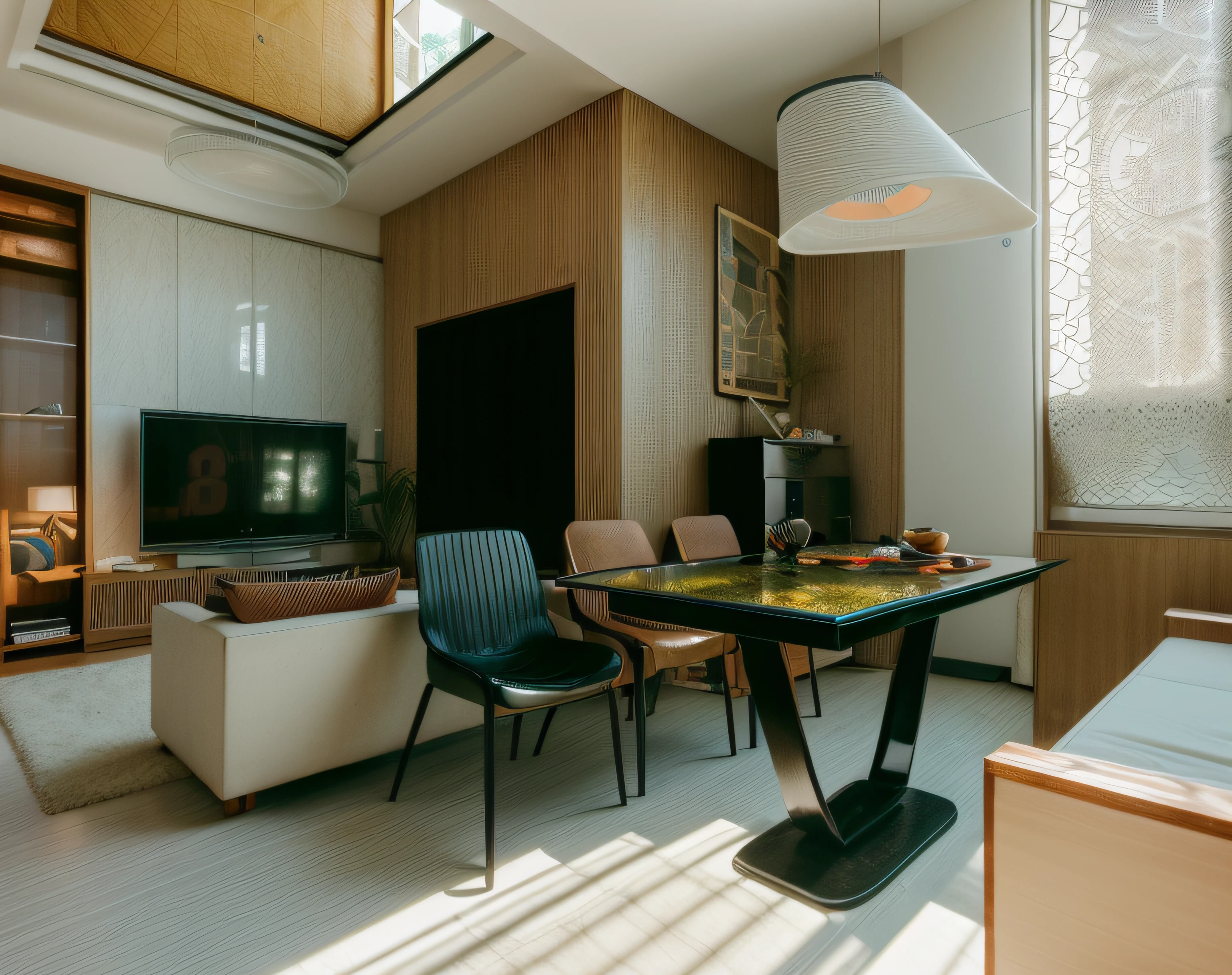 RAW photo, Masterpiece, high quality, best quality, authentic, super detailed, glossy indochina black furniture), minimalist architecture, minimalist bedroom, couch, table, carpet, shelf tv, 1 solid wood door:1.4,((laminated plaster,))), day light)), natural light fromt glass door, archdaily architecture, (high detail: 1.2), 8k uhd, dslr, soft light, high quality, film grain, Fujifilm XT3