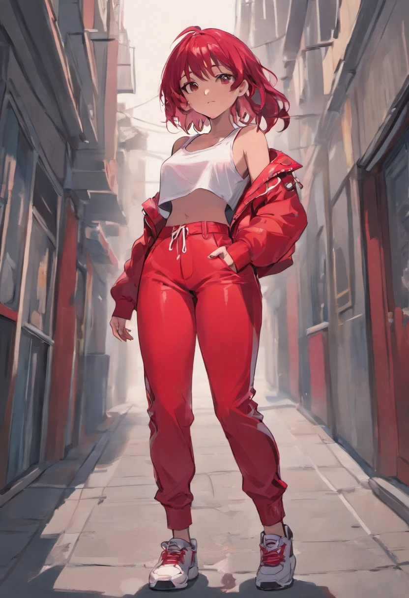 Beautiful Latina woman in sports red pants and red top standing on the sidewalk, usando regata vermelha, tanque vermelho, cintura fina, Midriff Nu, midriff exposto, usando um top cropped sexy, Encaixe figura delicada, usando uma roupa vermelha, red bra, tinyest midriff ever, roupas vermelhas, foto de modelo de menina slim
