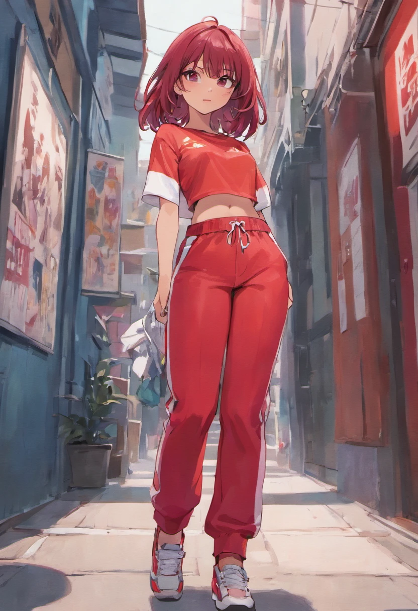 Beautiful Latina woman in sports red pants and red top standing on the sidewalk, usando regata vermelha, tanque vermelho, cintura fina, Midriff Nu, midriff exposto, usando um top cropped sexy, Encaixe figura delicada, usando uma roupa vermelha, red bra, tinyest midriff ever, roupas vermelhas, foto de modelo de  slim