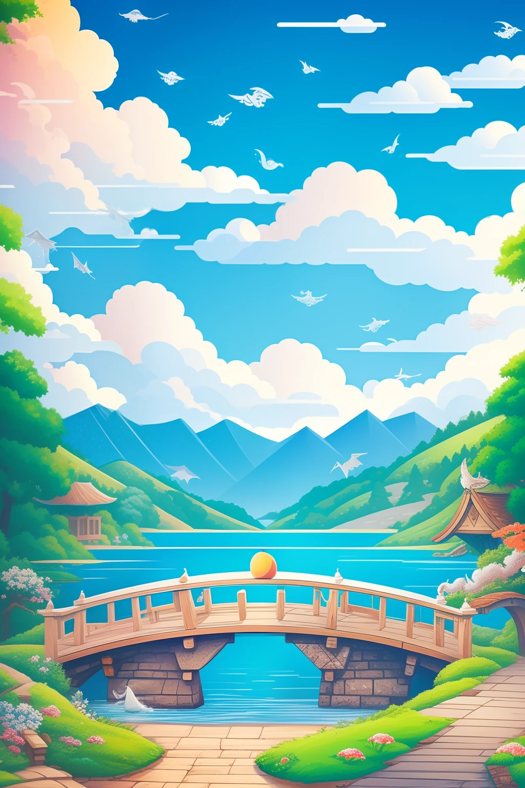 On a quaint bridge there is an old man with a peach,Illustration type,The pale blue sky is dotted with white clouds in the shape of dragons,Above the ground is a lake,pixal style