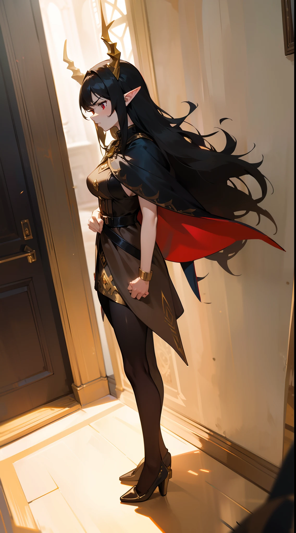 1woman,((40 years)),((madure woman)),solo,angry face,golden and black short dress,medium tits,black hair,long hair,red eyes,elves ears,golden horns,pantyhose,cape,(((standing in front of a room inside a castle)))