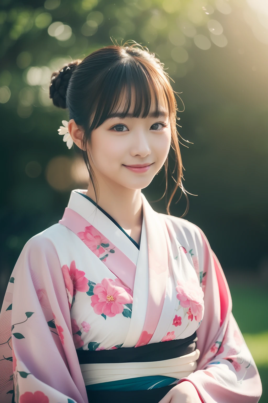 20 years girl、kimono、yukata、Beautuful Women、A slight smil、((top-quality、8K、masterpiece:1.3))、foco nítido:1.2、An ultra-high picture quality、top-quality、masterpiece、natural soft light、夏天