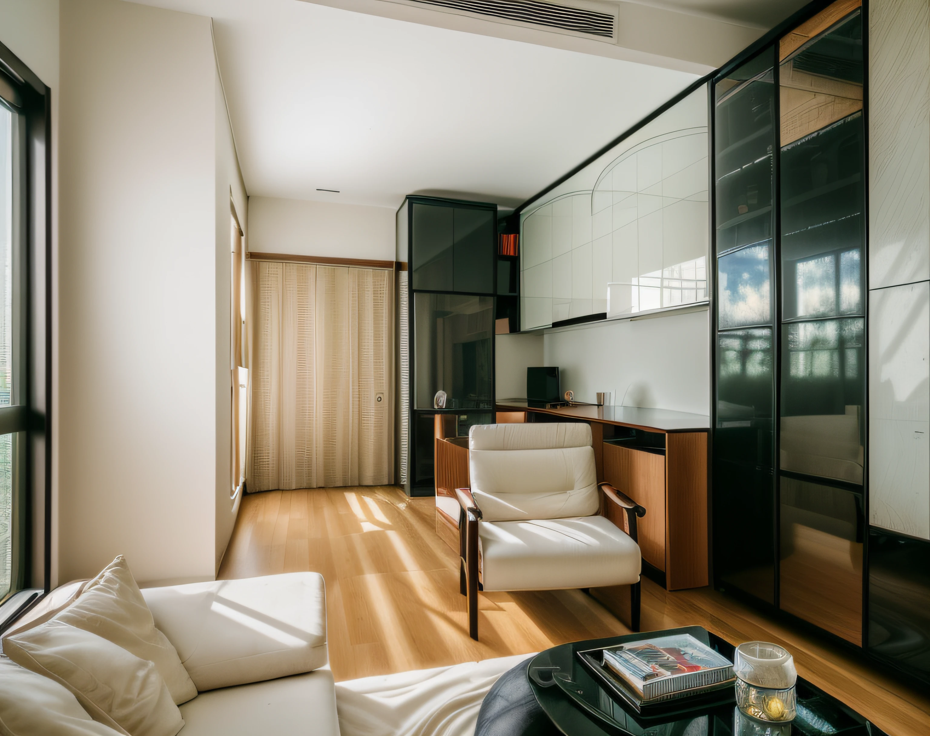 RAW photo, Masterpiece, high quality, best quality, authentic, super detailed, glossy indochina black furniture), minimalist architecture, minimalist bedroom, couch, table, carpet, shelf tv, 1 solid wood door:1.4,((laminated plaster,))), day light)), natural light fromt glass door, archdaily architecture, (high detail: 1.2), 8k uhd, dslr, soft light, high quality, film grain, Fujifilm XT3
