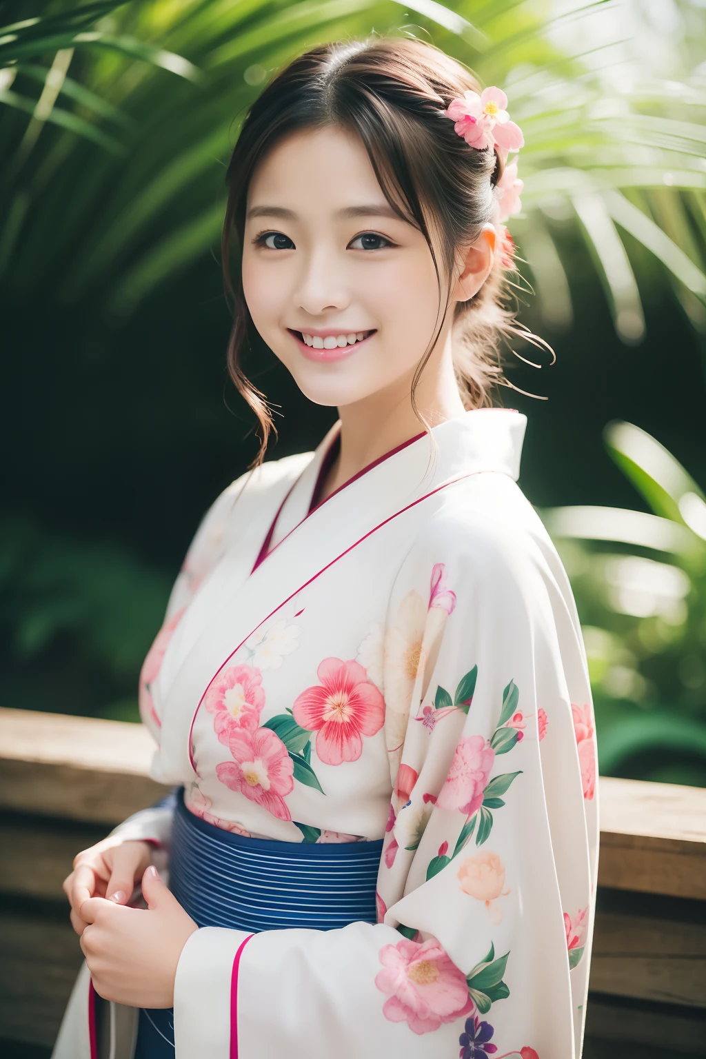 20 years girl、kimono、yukata、Beautuful Women、A slight smil、((top-quality、8K、masterpiece:1.3))、foco nítido:1.2、An ultra-high picture quality、top-quality、masterpiece、natural soft light、夏天