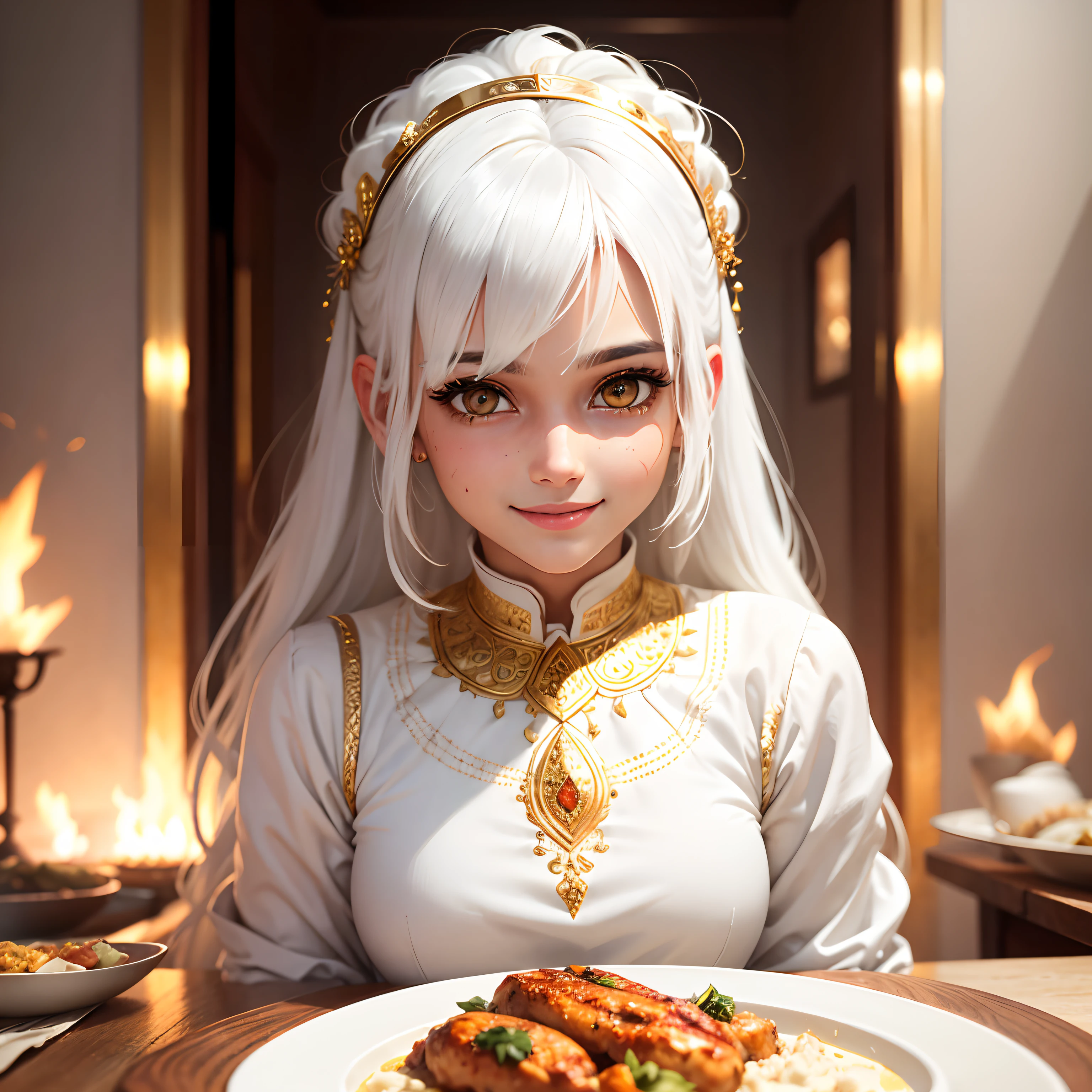 best quality, white hair, gold eyes, white clothes, looking up, upper body, hair strand, Fair skin, smiling, Tandoori Chicken, Dining