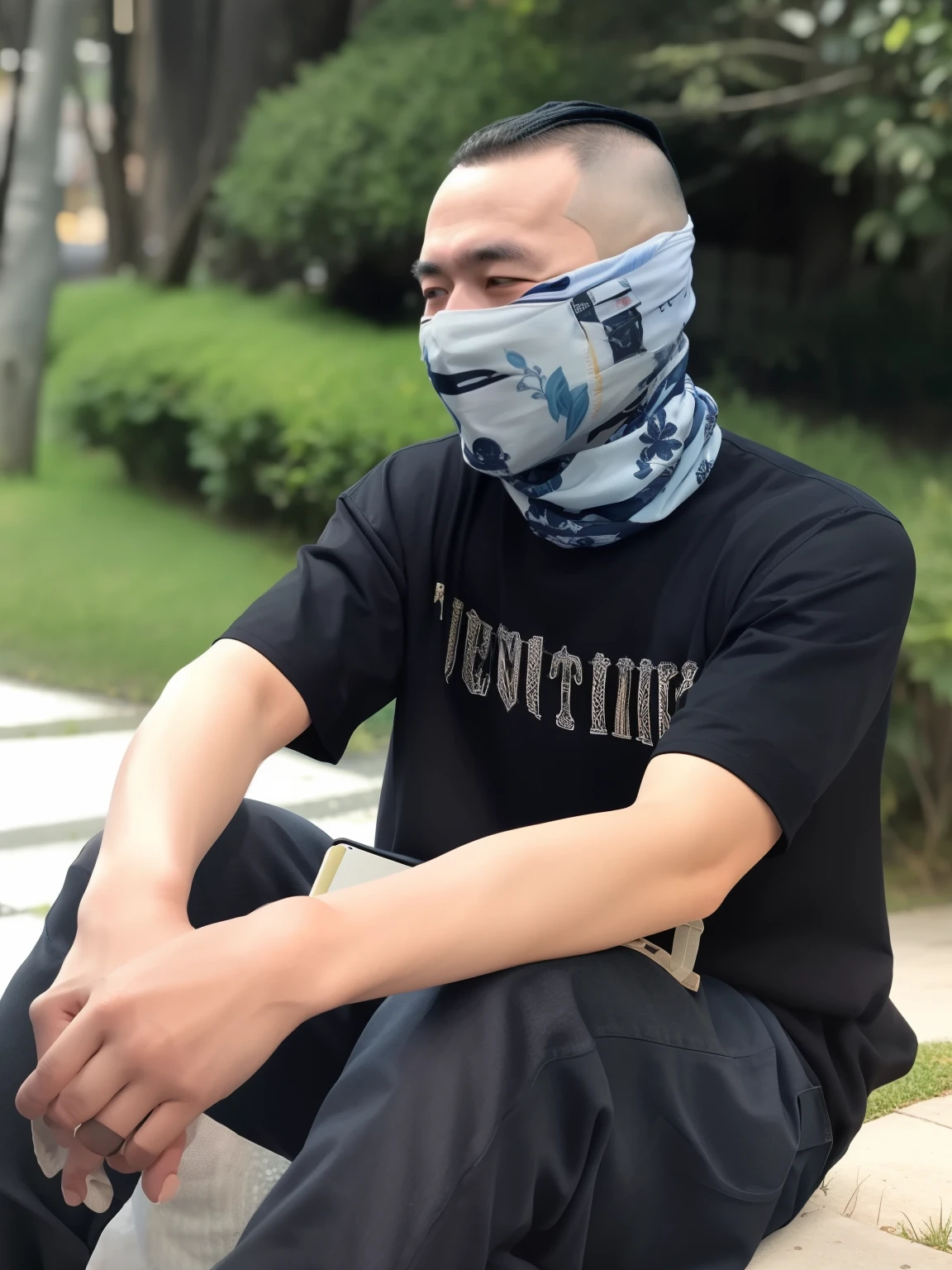 Alafelderel man sitting on the side of the road wearing a mask, hijabi sluty, 2 0 2 0 fashion, wearing bandit mask, hijabi sluty, h. Show on the. D, shaded, momoshiki ōtsutsuki, balaclava covering face, black bandana mask, techwear fashion, techwear outfits, wearing a fisher 🧥, facemask, wearing face mask