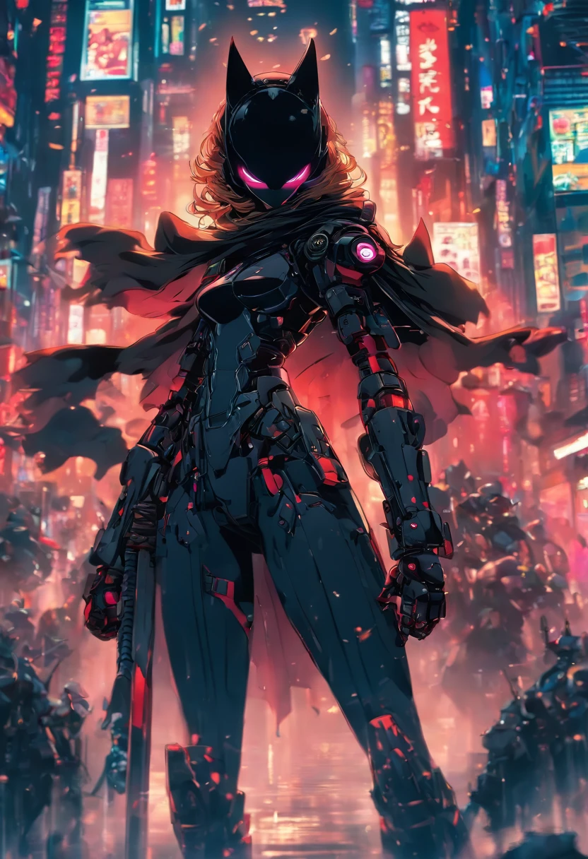 Dark_Fantasy, Cyberpunk, Catwoman Mechanical marvel, Robotic presence, Cybernetic guardian, samurai mechanical armour, katana on the waist, absolutely stunning art,wearing a black cloak, highest quality art, highest resolution, hyper detailed,black and red, futuristic, samurai robot, atmospheric,8k,64k, HD, unparalleled masterpiece, dynamic lighting, cinematic, epic