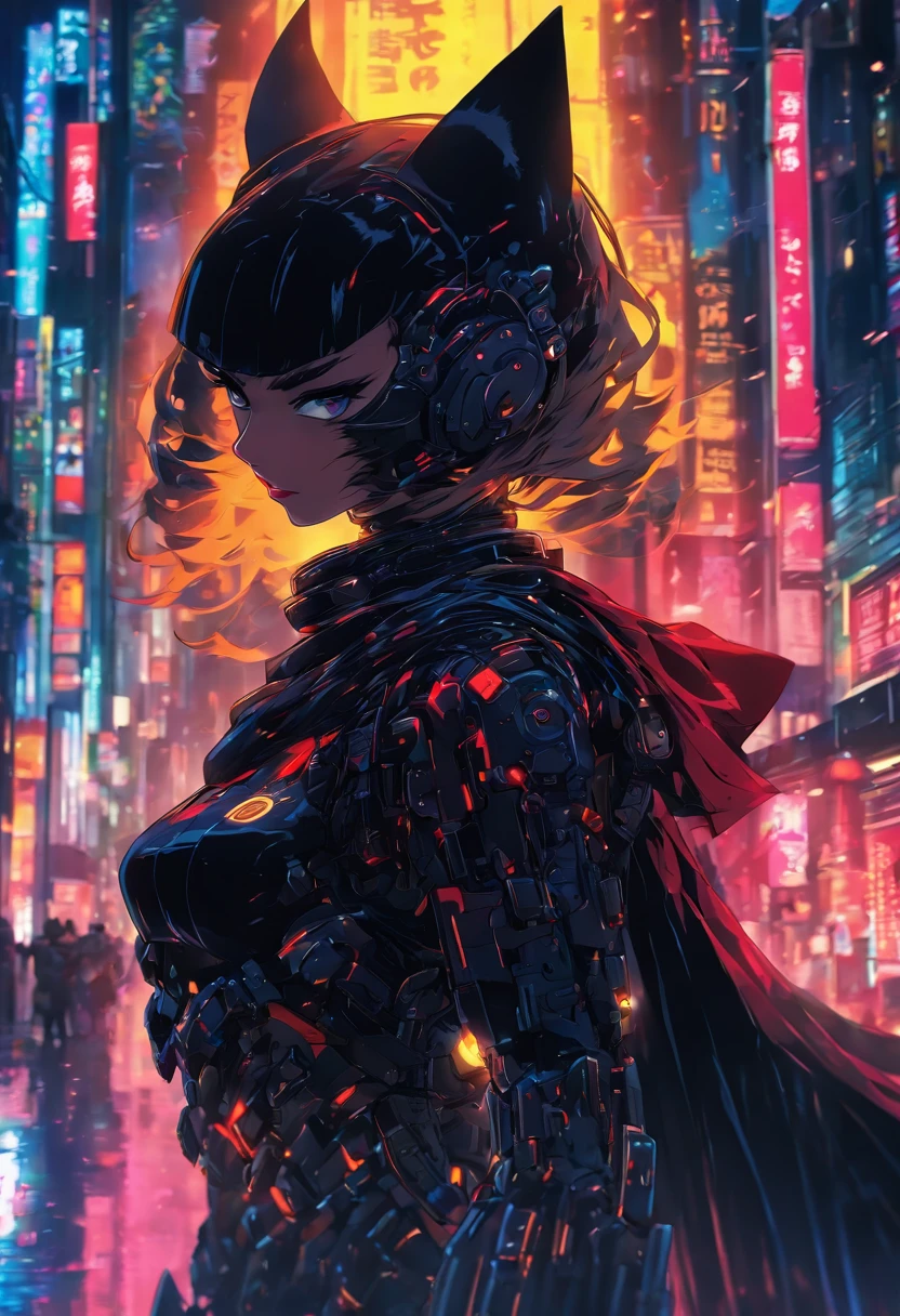 Dark_Fantasy, Cyberpunk, Catwoman Mechanical marvel, Robotic presence, Cybernetic guardian, samurai mechanical armour, katana on the waist, absolutely stunning art,wearing a black cloak, highest quality art, highest resolution, hyper detailed,black and red, futuristic, samurai robot, atmospheric,8k,64k, HD, unparalleled masterpiece, dynamic lighting, cinematic, epic