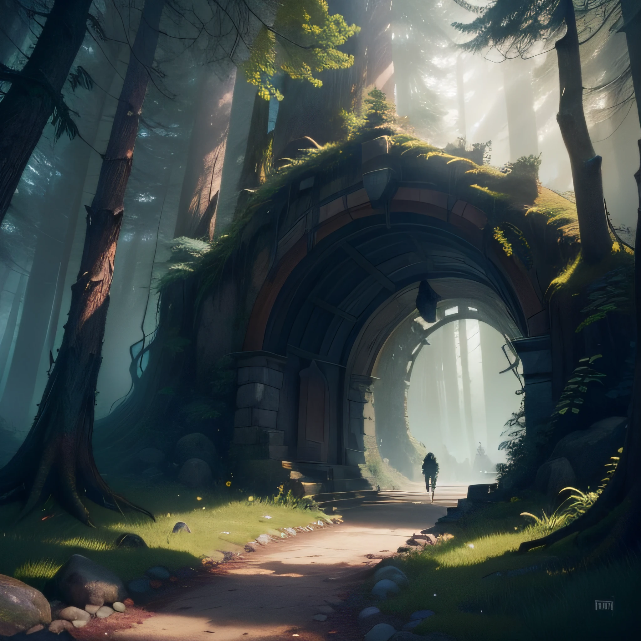 there is a man walking through a tunnel in the woods, fantasy forest environment, unreal engine fantasy art, fantasy art behance, forest portal, fantasy forest, fantasy forest landscape, magical fantasy forest, a fantasy forest, concept art of a dark forest, ancient forest, 4k fantasy art, andreas rocha style, fantasy concept art, fantasy environment