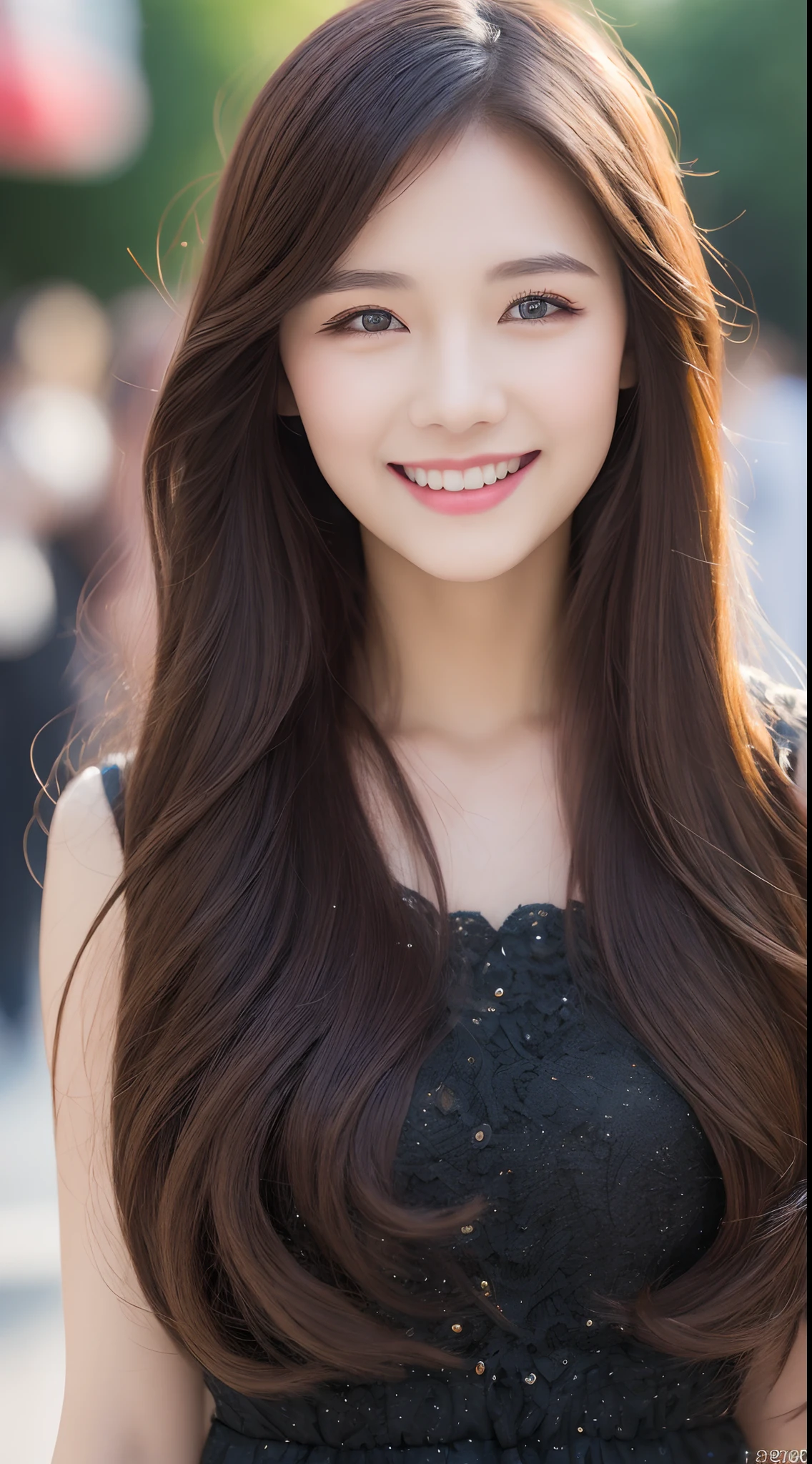 ((Best quality, 8k, Masterpiece :1.3)), 1girl, smiling, full body, slim face, Pretty woman, (Dark brown hair), full length dress :1.1, Ultra-detailed face, Detailed eyes, Double eyelid, blur background, slim face, city, outside, street,
