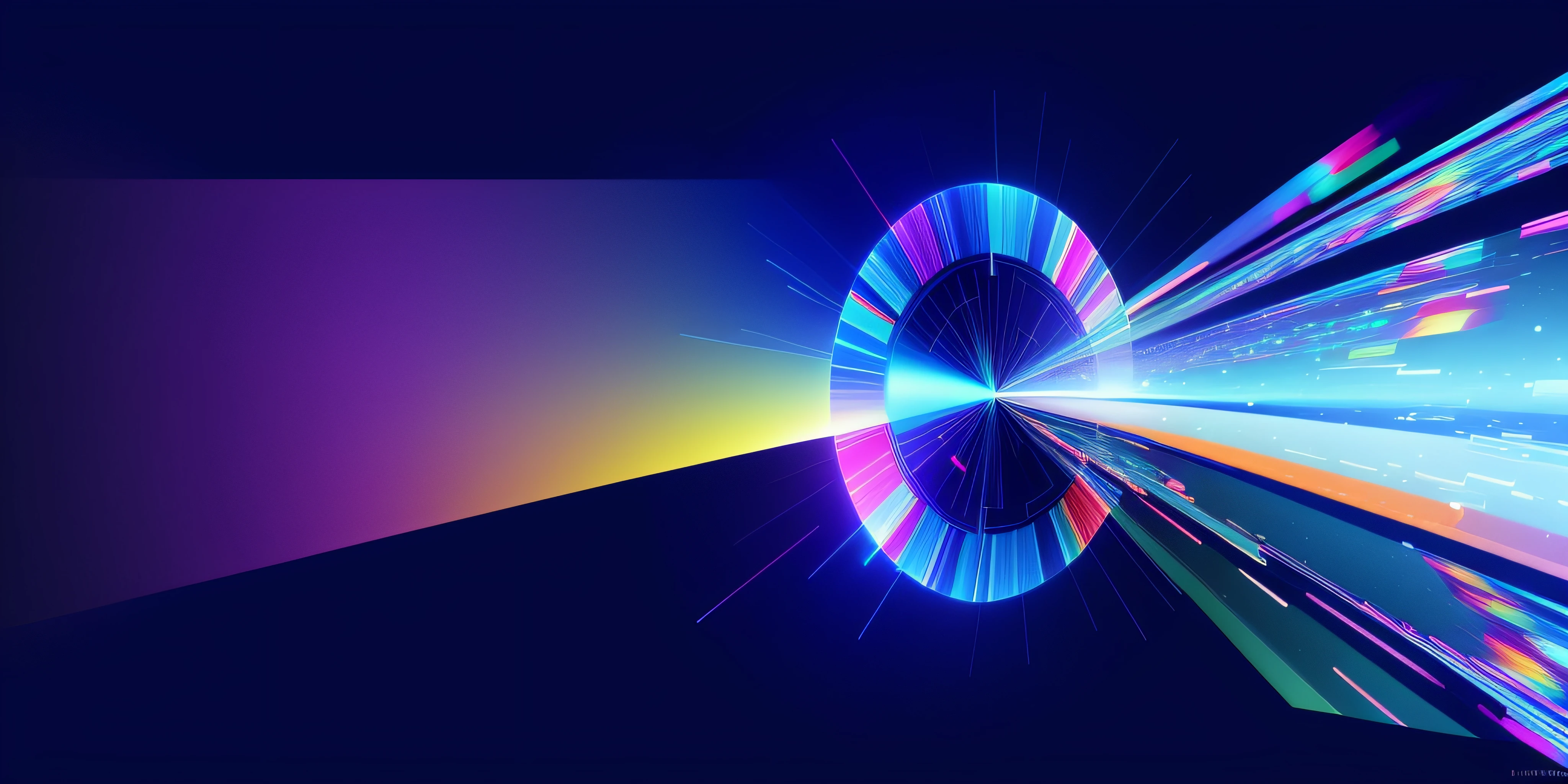 Colorful abstract background，There is a round object in the middle, digital illustration radiating, Dynamic colored background, Cool background, Particle light, explosion of data fragments, Hadron Collider, infinite space clock background, hadron collider technology, magical glowing time portal, best on adobe stock, wallpaper for monitor, Particle Physics, techno neon projector background, stunning screensaver