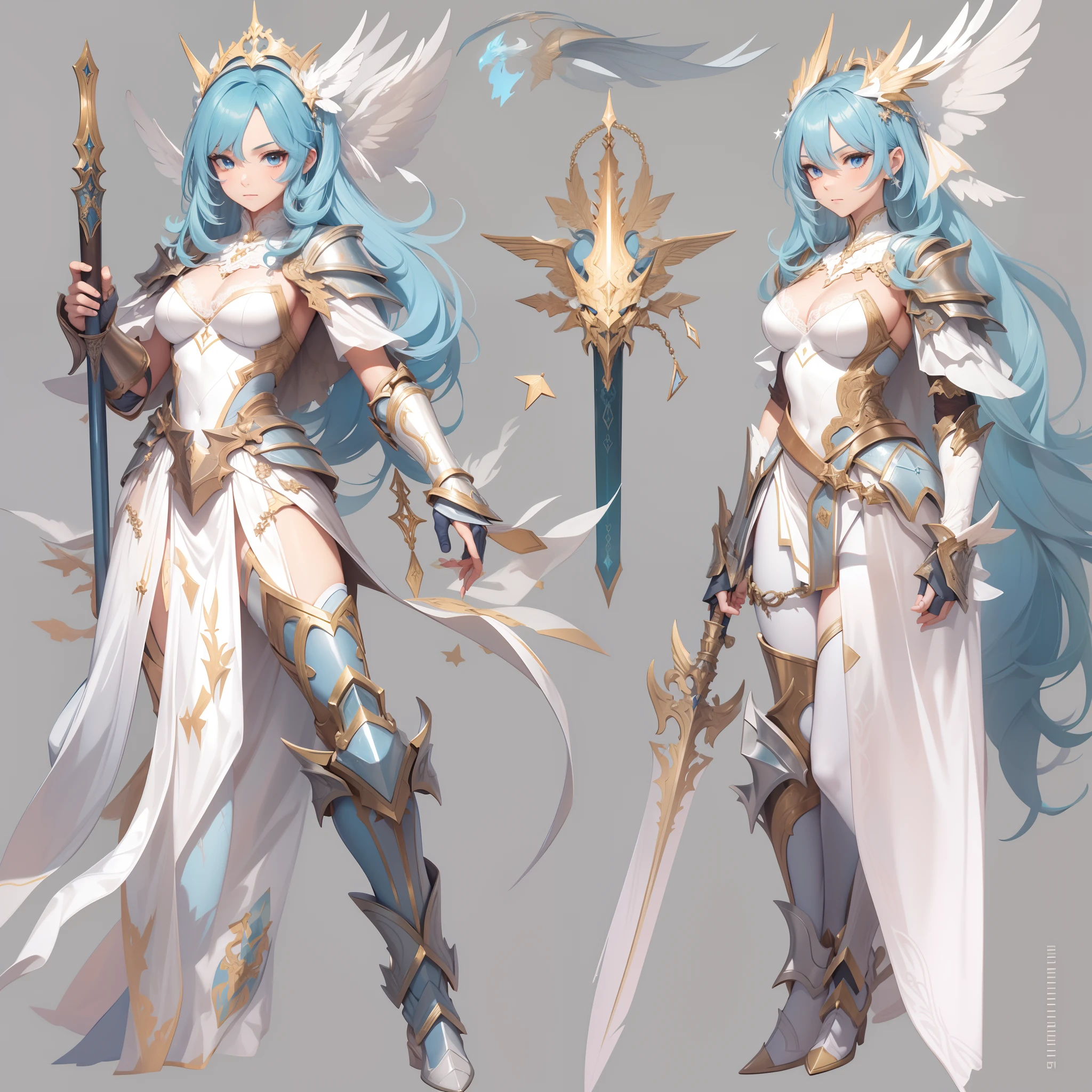 Masterpiece, Highest quality, Detailed face, CharacterDesignSheet，perfectly proportions，full bodyesbian，Full of details, Multiple poses and expressions, Highly detailed, Beautiful paladin girl，Valkyrie，valkyrie，blue hairs，Dragon's horn，ablaze with intensity，Carry a two-handed sword，Pure white armor，Bride，Star decoration，Lace，lacepantyhose, High Balance,Natural light