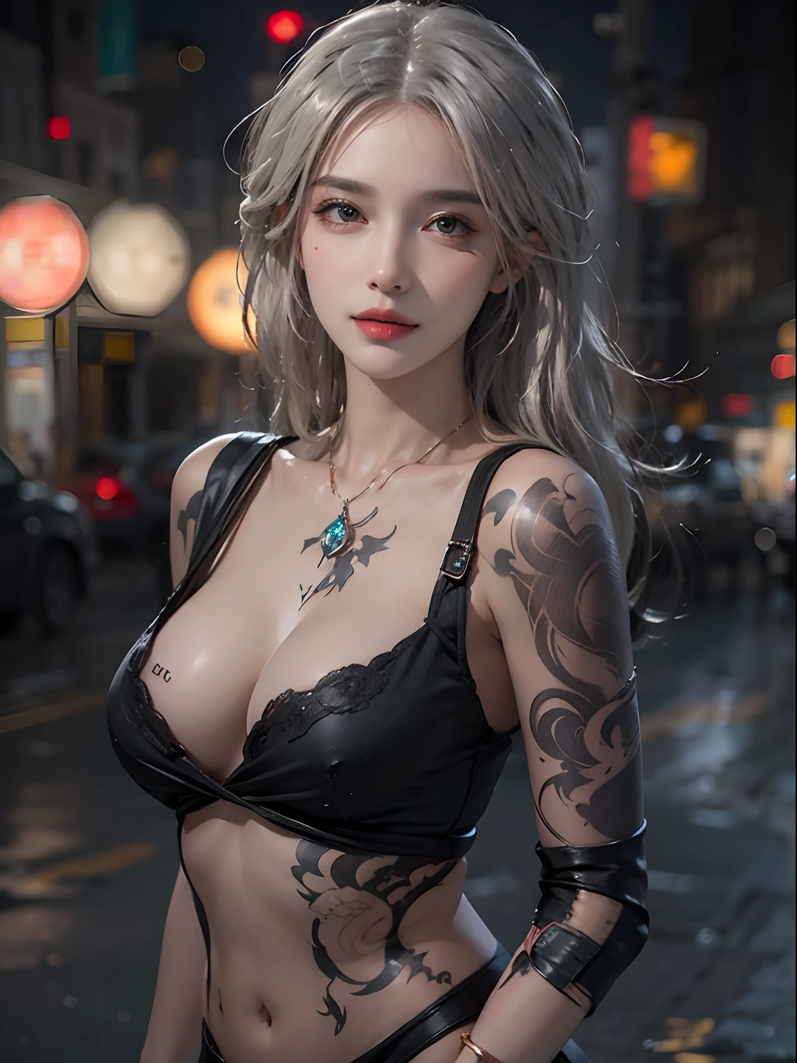 Photorealistic, High resolution, Soft light,1womanl, Solo, hips up high, glistning skin, (Detailed face),The tattoo, Jewelry, micro dress, street wear, Night, White wavy hair, Beautiful Soldier, An eye that invites the viewer, Lover's perspective, inviting expression, Sexy smile, Perfect Style, Perfect balance, Detailed skin, Naughty gaze, Chest visible Sheer teats