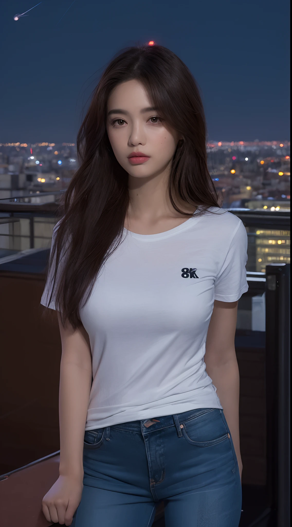 （（midynight， Acura， 8K， tmasterpiece： 1.3））， full bodyesbian， long leges， Focalors： 1.2， perfect figure beautiful woman： 1.4， Slim abs： 1.1， （dark brown  hair，： 1.2 ））， （white tight t-shirt， short  skirt，sitting on a stool： 1.2）， （city night scene， the roof： 1.3））， Highly Detailed Face and Skin Textur， detailedeyes， 二重まぶた，