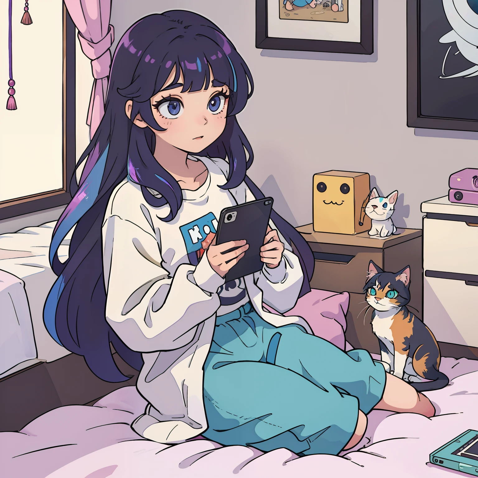 Unique beauty girl with big iridescent hair and modern clothes with her kitten in her room, Distracted texting