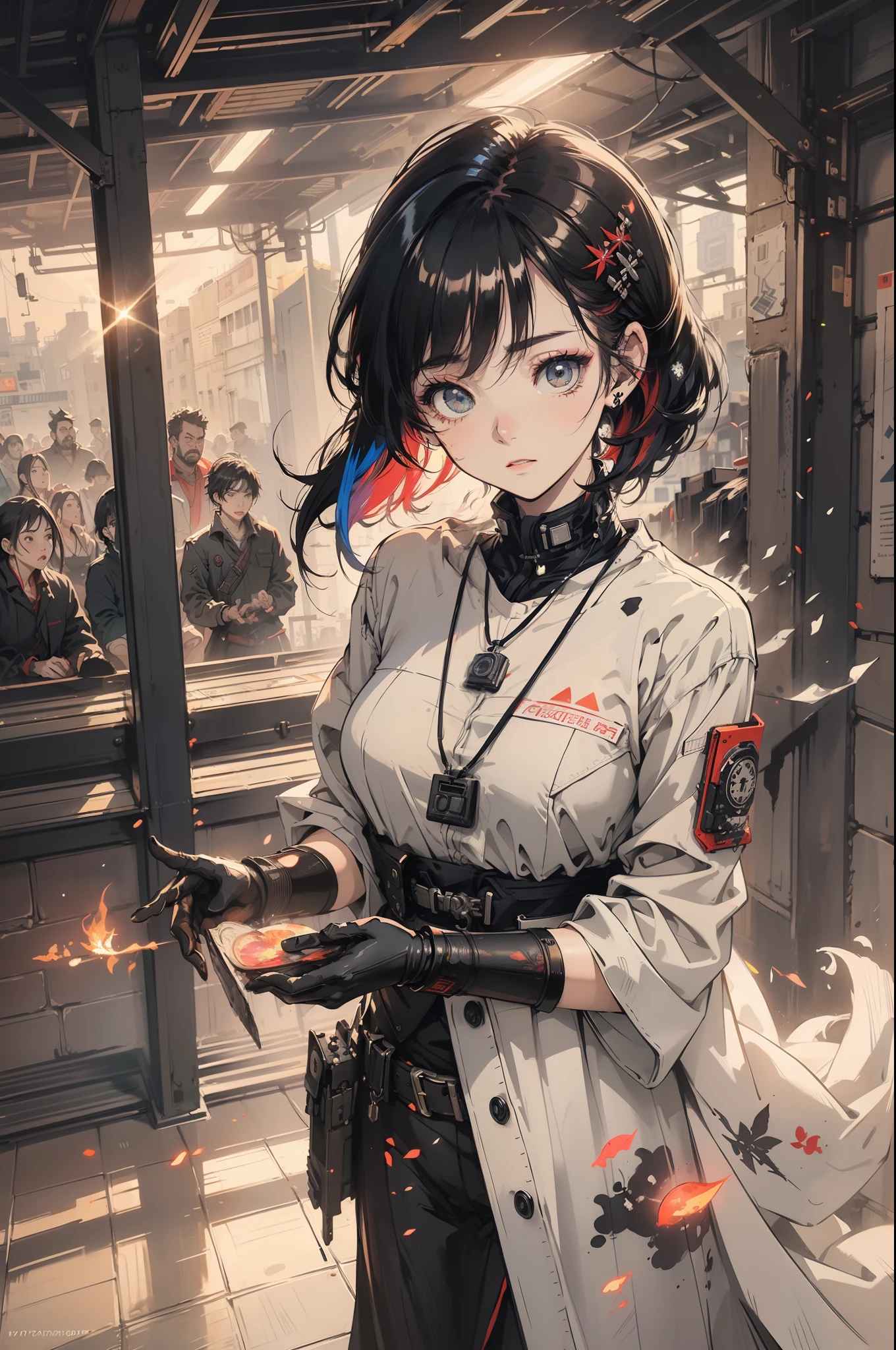 (Masterpiece: 1.2), Best quality, (illustration: 1.2), (Superb flare, Lens flare), (Ultra-detailed), hyper-detailing, (finedetail), (intricately details), (Cinematic lighting, Film backlight best quality ), it is very detailed, Colorful, More detailed (ninjartist), Pointy red hair, tattooed arms, Scarred chest, Rebel fighters, Sturdy dog tag necklace, Urban graffiti wall, Black tactical vest, Combat boots, cyberpunk character, Cyber reinforcement mercenaries, Torn and patched military uniforms, 清晰的线条, Slightly closed eyes, (Dynamic: 1.2), High contrast, (Perfect lighting, Extremely delicate and beautiful), ((Cinematic light)), Colorful, ( (Photoshop Pastel Painting: 1.1 )), Ethereal, (Movie Masterpiece), exalted, glorious, mistic, splash of color, Totally fascinating, ((coustics)), Dynamic Angle, Beautiful (detailed glow), (PW), ( Behind the intricate cinematic landscape: 1.2 ), Environmental occlusion, Ambient light, ray-traced reflection, serene, tranquil, utopian