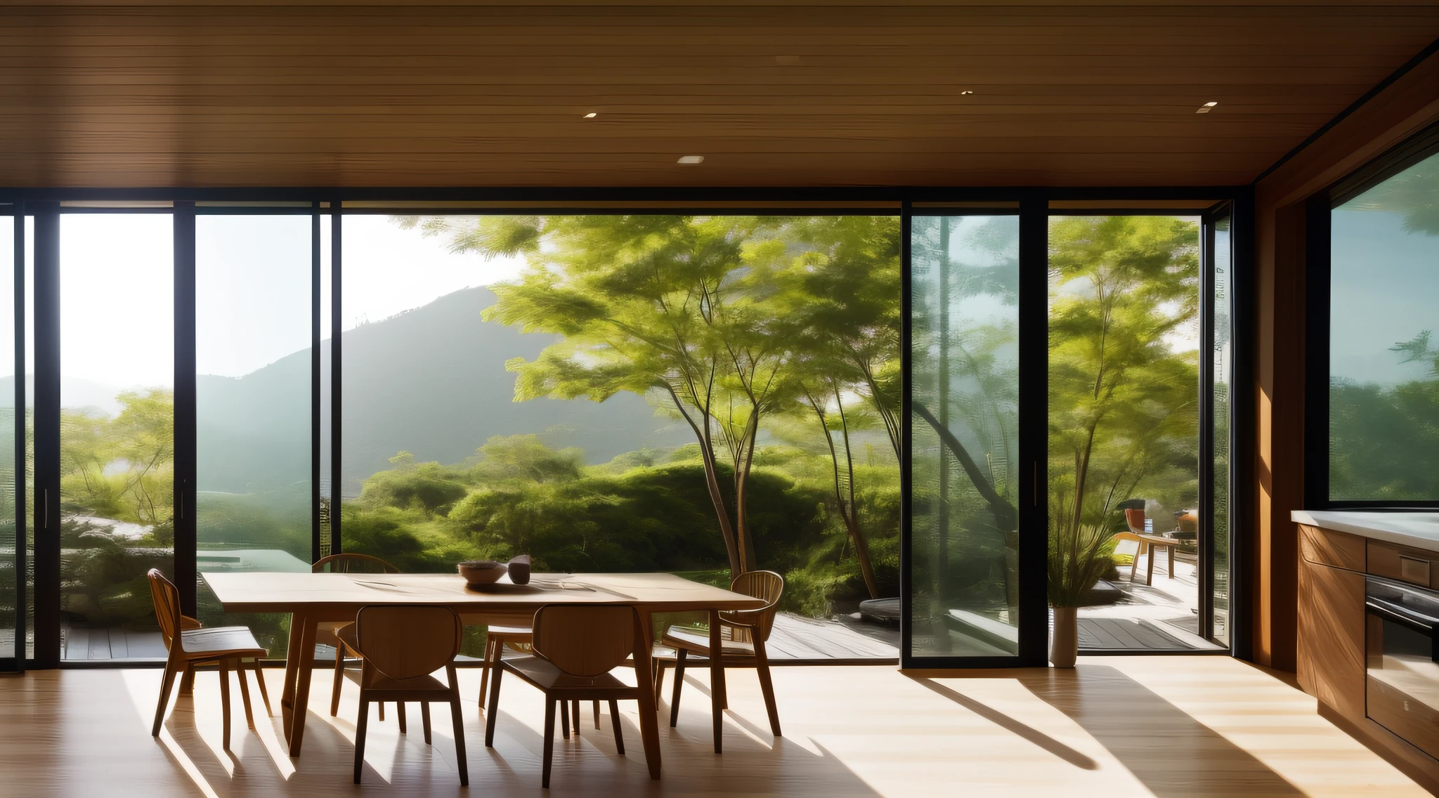 interior design、Insanely detailed wide-angle architectural photo、Cozy contemporary living room、(Bright and warm sunlight 1:0.1)、Award-winning contemporary interior design、landscapes、The table、a chair、inside the house、Wooden flooring、window、resturant、east asian east asian architecture、sliding paper doors、abajour、architectural、the woods、naturey、cups、a plant、interior design、Insert lighting and shadows、depth of fields、low illuminance、