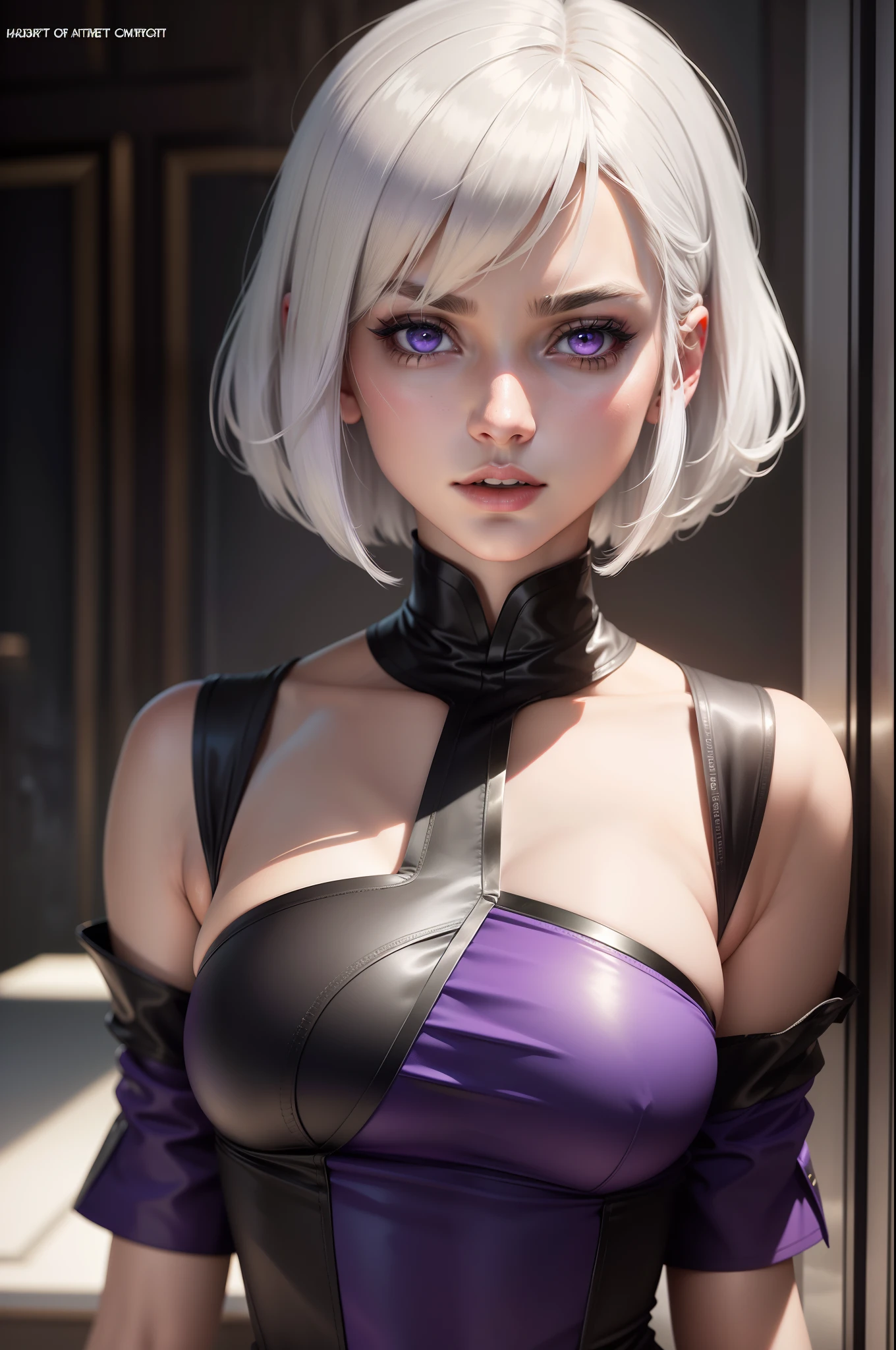 (dramatic:1. 4), hyper detailed , cover magazine featuring a realistic sexy girl with, a pretty face, white hair, (bob long haircut style), purple eyes, (sexy school uniform:1. 2), vivid colors, 8k, UHD, HDR, (Masterpiece:1. 5), (best quality:1. 5), hypers sexualized