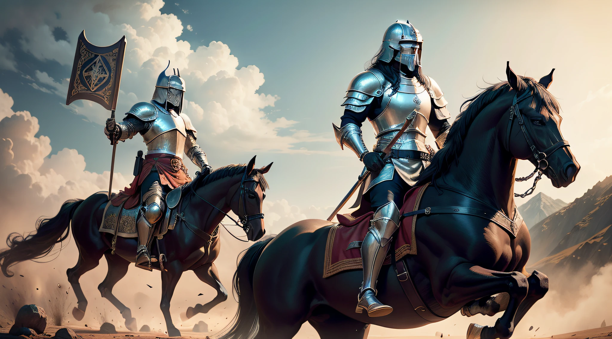 A medieval black knight holding a scale, with his imposing black horse crossing the plain, biblical, Bible Stories