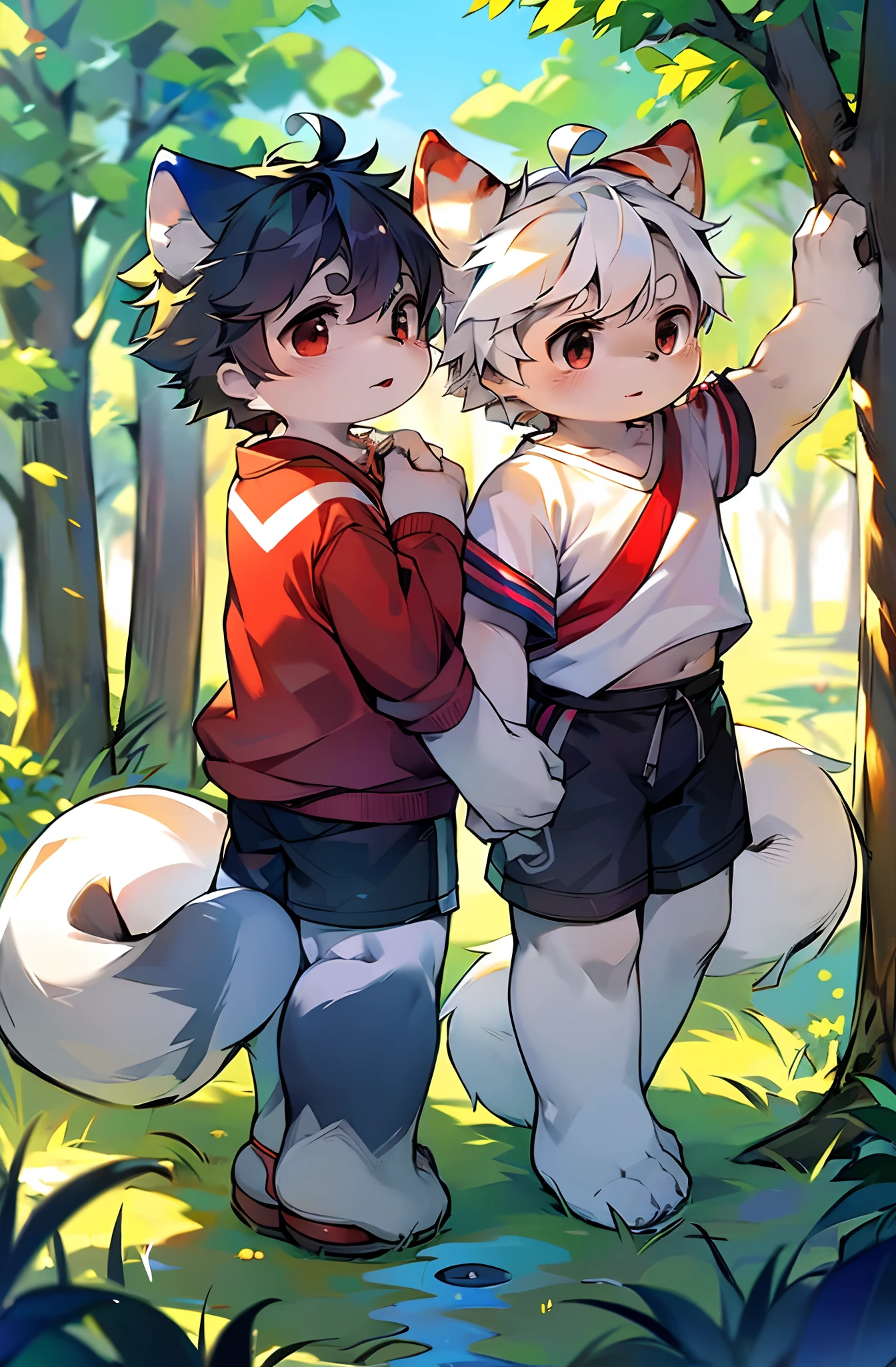 (Bright environment:0.8),Masterpiece,High quality,abstract res,Digital painting\(artwork of a\), by Dagasi, Yupa,Kiyosan,(anthro,Fluffy fur,Character focus:1.1),Human male Dag,Short hair,Portrait , eyes with brightness, in a panoramic view, Character focus.(detailedbackground:0.7), 独奏, shaggy, shaggy male, old,malefocus, standing on your feet,Light blue sweatshirt,Put your hands in your sweatshirt pocket,grey shorts,Handsome,Micro-expressions,Facing the lens,Parallel screens,anthr,(Full Body Furry, Fluffy tail, Pure white fur, Red stripe pattern on the hind legs,Black eyes, Pure white hair,The gray ears are pointed:1.2), (White canines:1.2),(outside、clear skies、Morning、grassy fields:1.1)