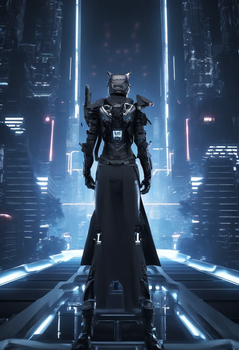 Dark_Fantasy, Cyberpunk, Catwoman Mechanical marvel, Robotic presence, Cybernetic guardian, samurai mechanical armour, katana on the waist, absolutely stunning art,wearing a black cloak, highest quality art, highest resolution, hyper detailed, futuristic, samurai catwoman robot, atmospheric,8k,64k, HD, unparalleled masterpiece, dynamic lighting, cinematic, epic