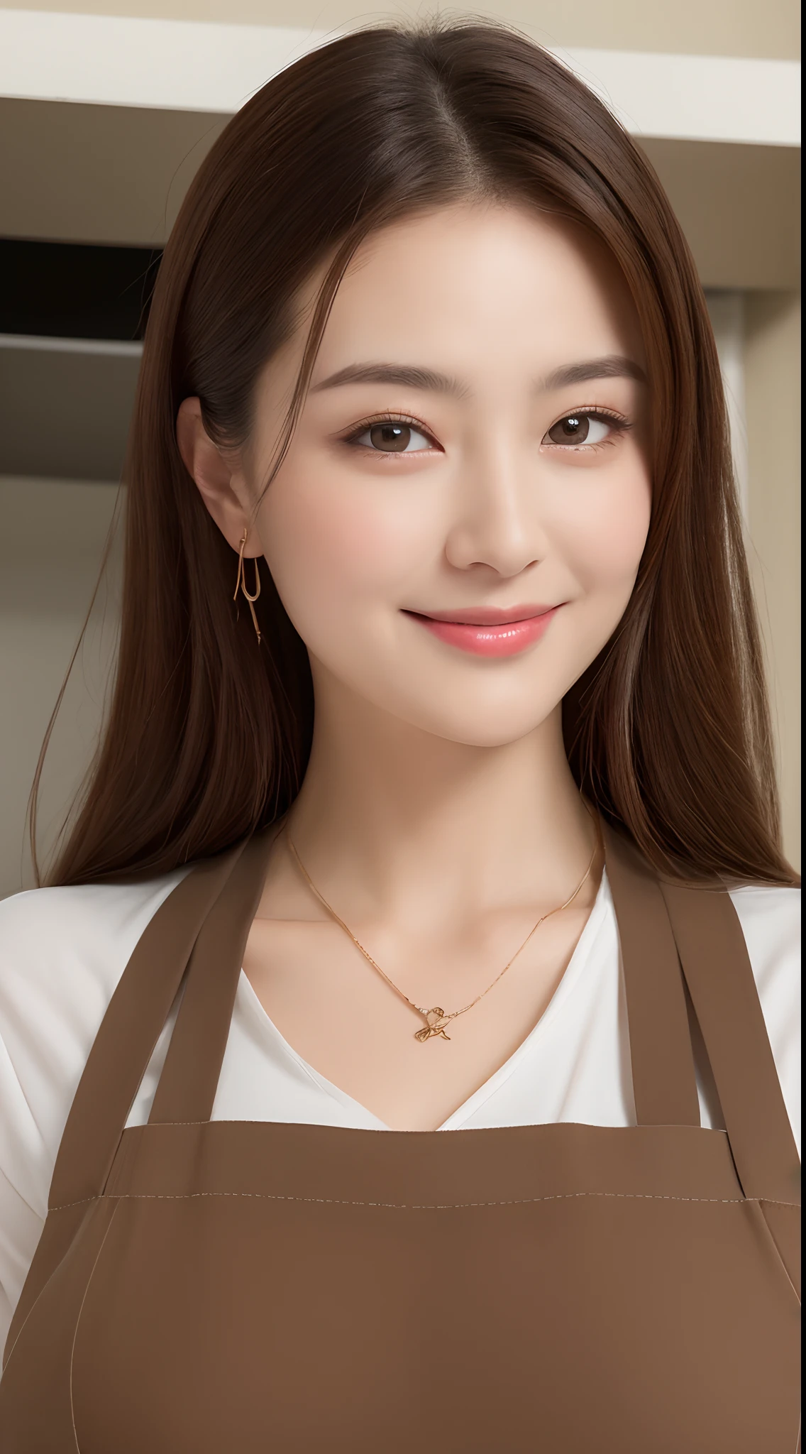 (Best quality, 8k, masterpiece: 1.3), a beautiful woman with perfect figure: 1.4, dark brown hair, wearing a pendant, wearing an apron, in the kitchen, highly detailed face and skin, detailed eyes, double eyelids, big breasts, smile