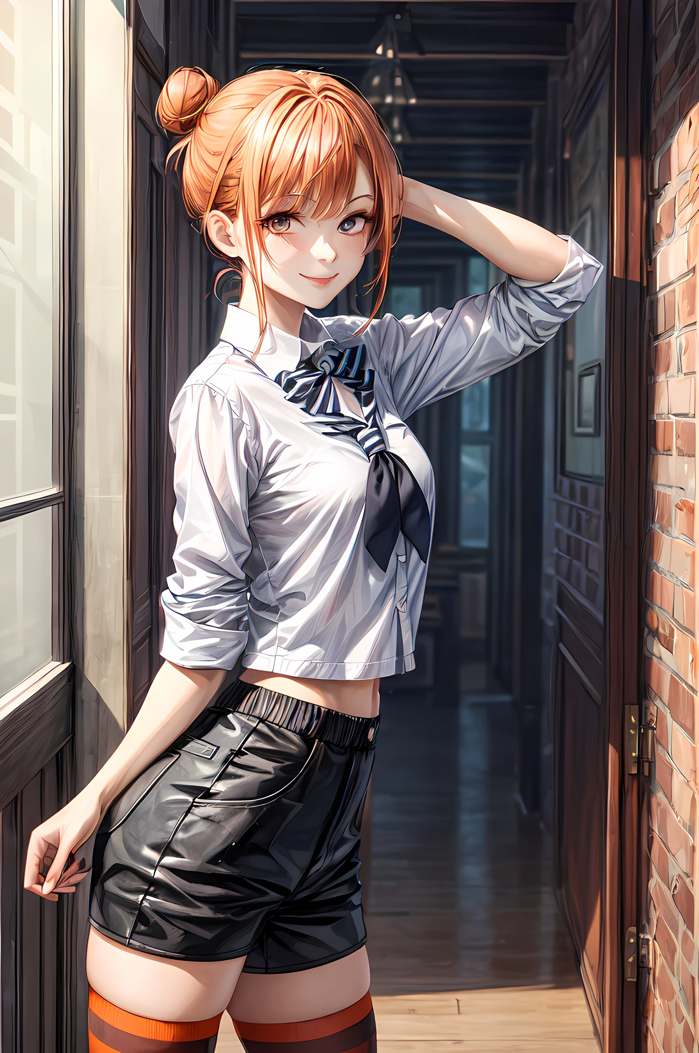 best quality,masterpiece,original,extremely detailed wallpaper,looking at viewer,1girl,solo,makeup,single hair bun, hair bun,orange hair,school uniform,smile,striped_socks,legwear under shorts,
