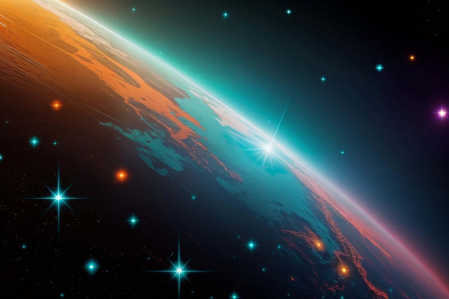 bright alien space environment turquoise orange stars stellar dust