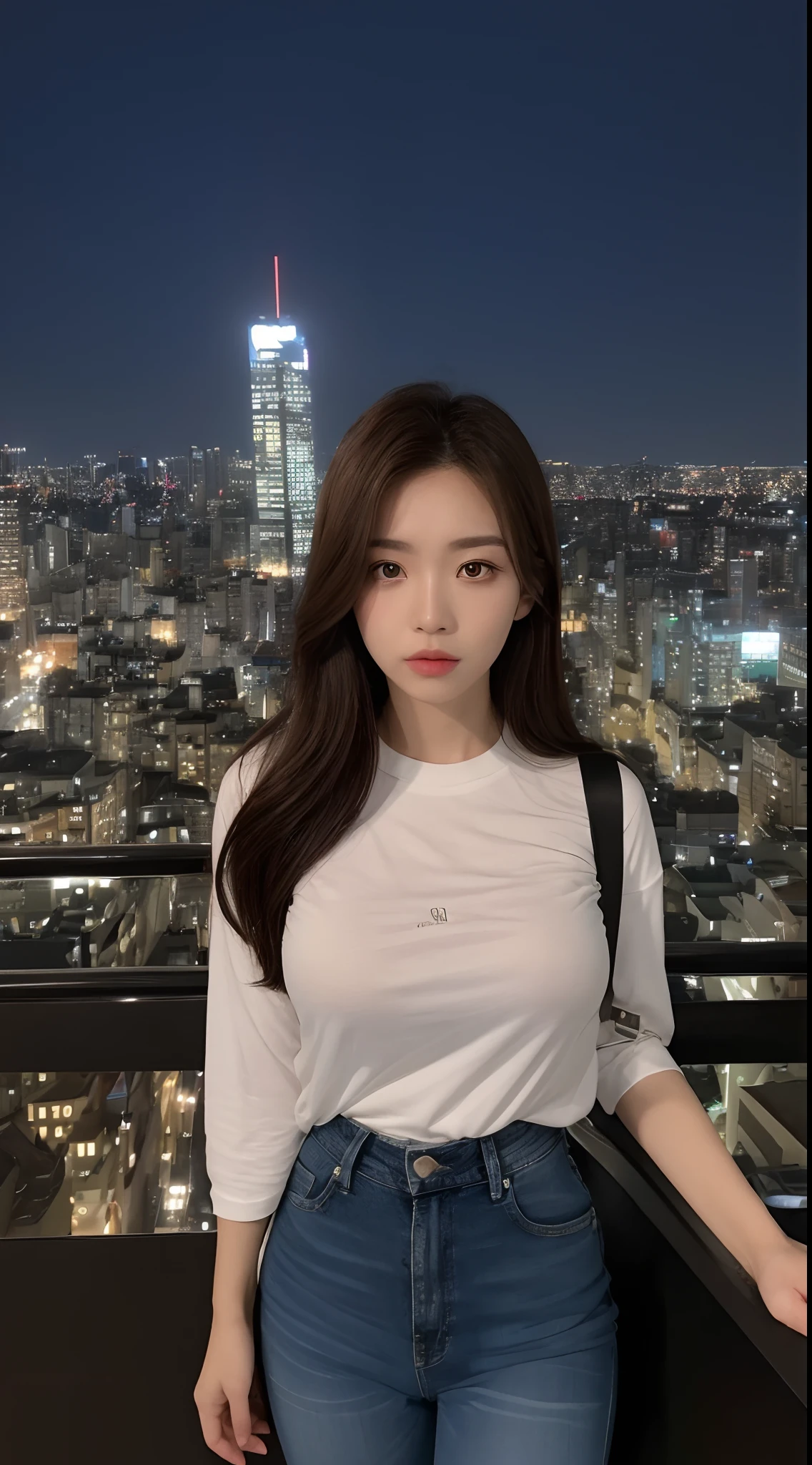 ((Midnight, Best quality, 8k, Masterpiece :1.3)), Whole body, Long legs, Sharp focus :1.2, A pretty woman with perfect figure :1.4, Slender abs :1.1, ((Dark brown hair,Gigantic breasts :1.2)), (White tight tshirt, Jean bib, Standing:1.2), ((Night city view, Rooftop:1.3)), Highly detailed face and skin texture, Detailed eyes, Double eyelid