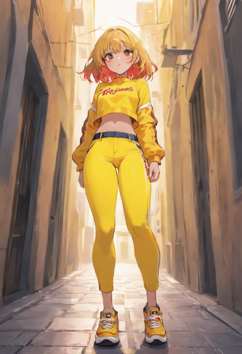 Beautiful Latina woman in sports yellow pants and yellow top standing on the sidewalk, usando regata vermelha, tanque vermelho, cintura fina, Midriff Nu, midriff exposto, usando um top cropped sexy, Encaixe figura delicada, usando uma roupa vermelha, yellow bra, tinyest midriff ever, roupas vermelhas, foto de modelo de slim, massive ass, gorgeous ass