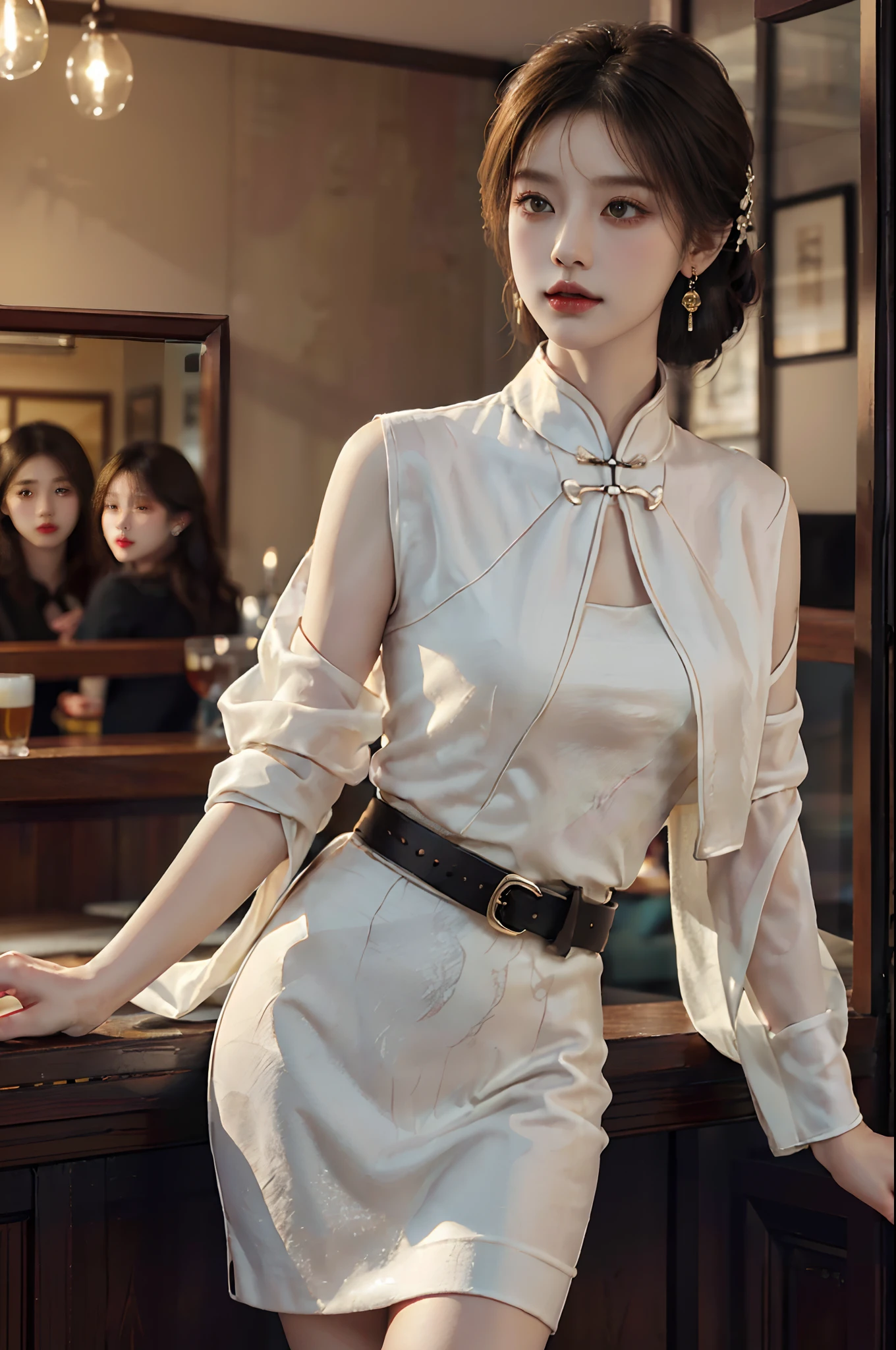 ((cowboy shot)), ((from below)), ((realistic)), 1 Asian female model, A young girl, (Close up), (in a pub, Sit Pose, Leaning against the bar), Look out the window, Pleasing posture, Eye-catching poses, Detailed scenes, Coiled hair, Hairpins, Beautiful hair accessories, Brownish-yellow hair, light make-up, Blushlush, Gloss on lips, pretty legs, ((White cheongsam, shawl, high-waist, Nice belt)), ((warm lights, a warm color palette)), (Extremely high color saturation), Detailed details, ultra-detailliert, (tmasterpiece, best qualtiy), (An extremely delicate and beautiful work), Delicate earrings, Delicate necklace, Simple blurred background, Extreme detail description, Ultra-fine painting, Delicate face, slim toned body, Slimming the waist, (high and cold, Goddess of high cold, Cold and glamorous), (anatomy correct)
