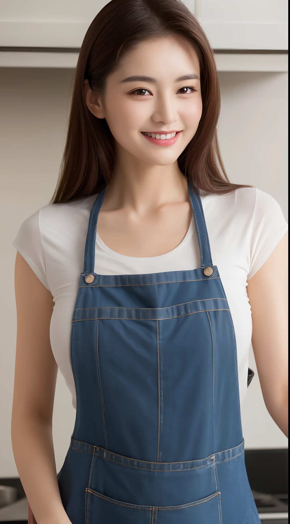 (Best quality, 8k, masterpiece: 1.3), a beautiful woman with perfect figure: 1.4, dark brown hair, wearing a pendant, wearing an apron, in the kitchen, highly detailed face and skin, detailed eyes, double eyelids, big breasts, smile