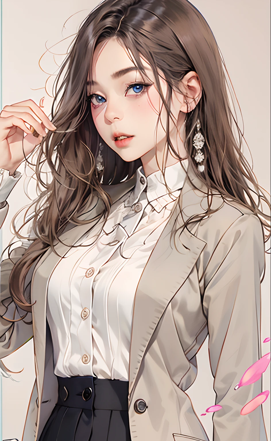 1个Giant Breast Girl,Age 28 years,dressed in a suit,Holding a folder in your hand,The expression is charming,mesmerizing eyes,Straight hair,A calm posture,Porcelain-like skin,Subtle blush,a white wall,ultra - detailed,offcial art,统一 8k 壁纸,2.5D thick coating,Full body photo